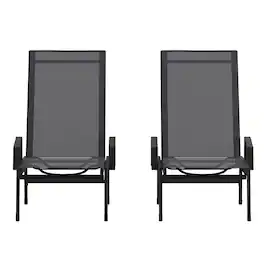 Emma + Oliver - Braelin Set of 2 Textilene Adjustable 5 Position Patio Chaise Lounge with Armrests and Metal Frame - Black/Black