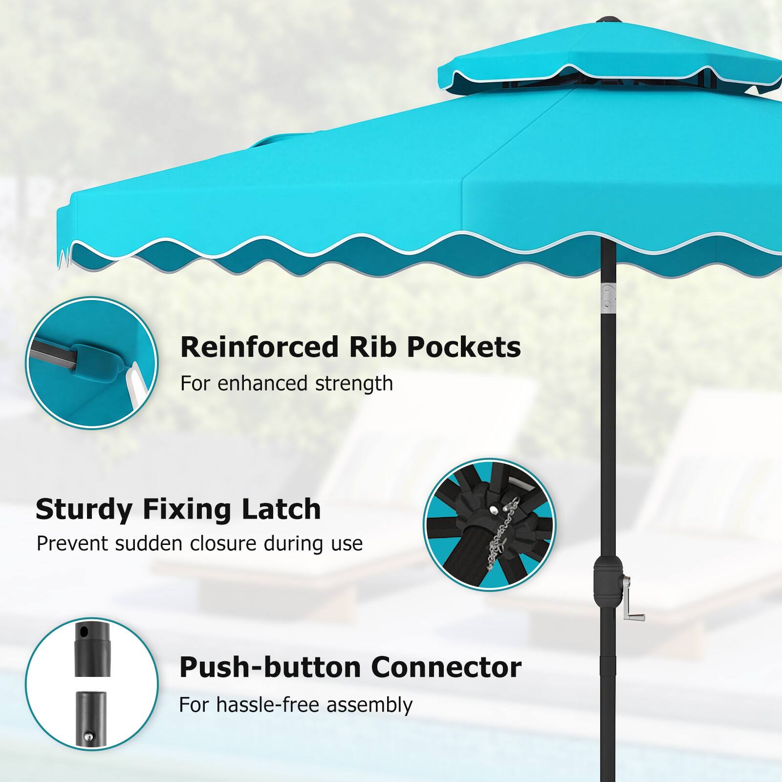 Reinforced Rib Pockets  
For enhanced strength  

Sturdy Fixing Latch  
Prevent sudden closure during use  

Push-button Connector  
For hassle-free assembly