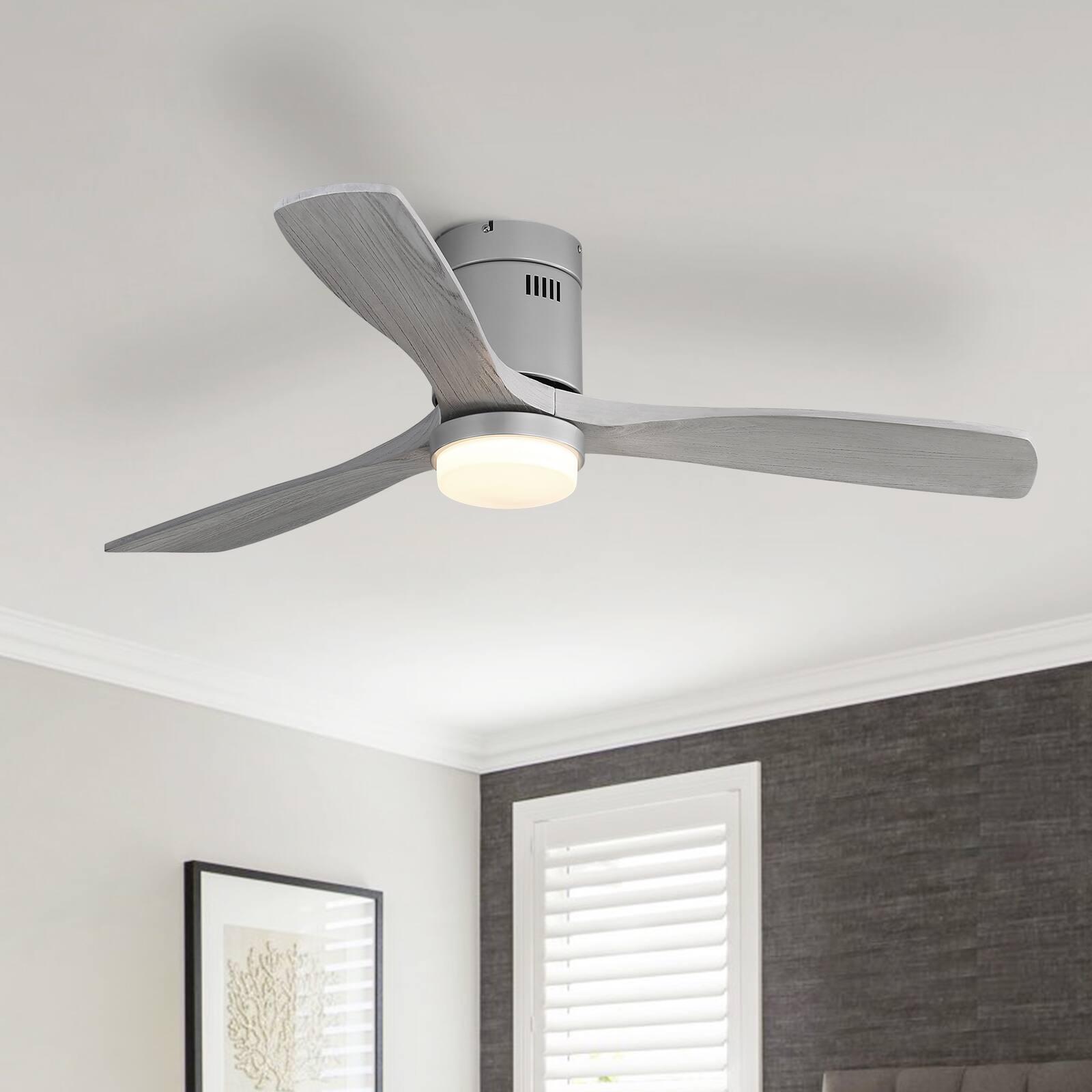 Angle. Sofucor - 52'' Flush Mount Ceiling Fan with Lights 3 Wood Blades & Remote Outdoor Indoor Ceiling Fans for Bedroom/Farmhouse/Patio - Silver-Grey.