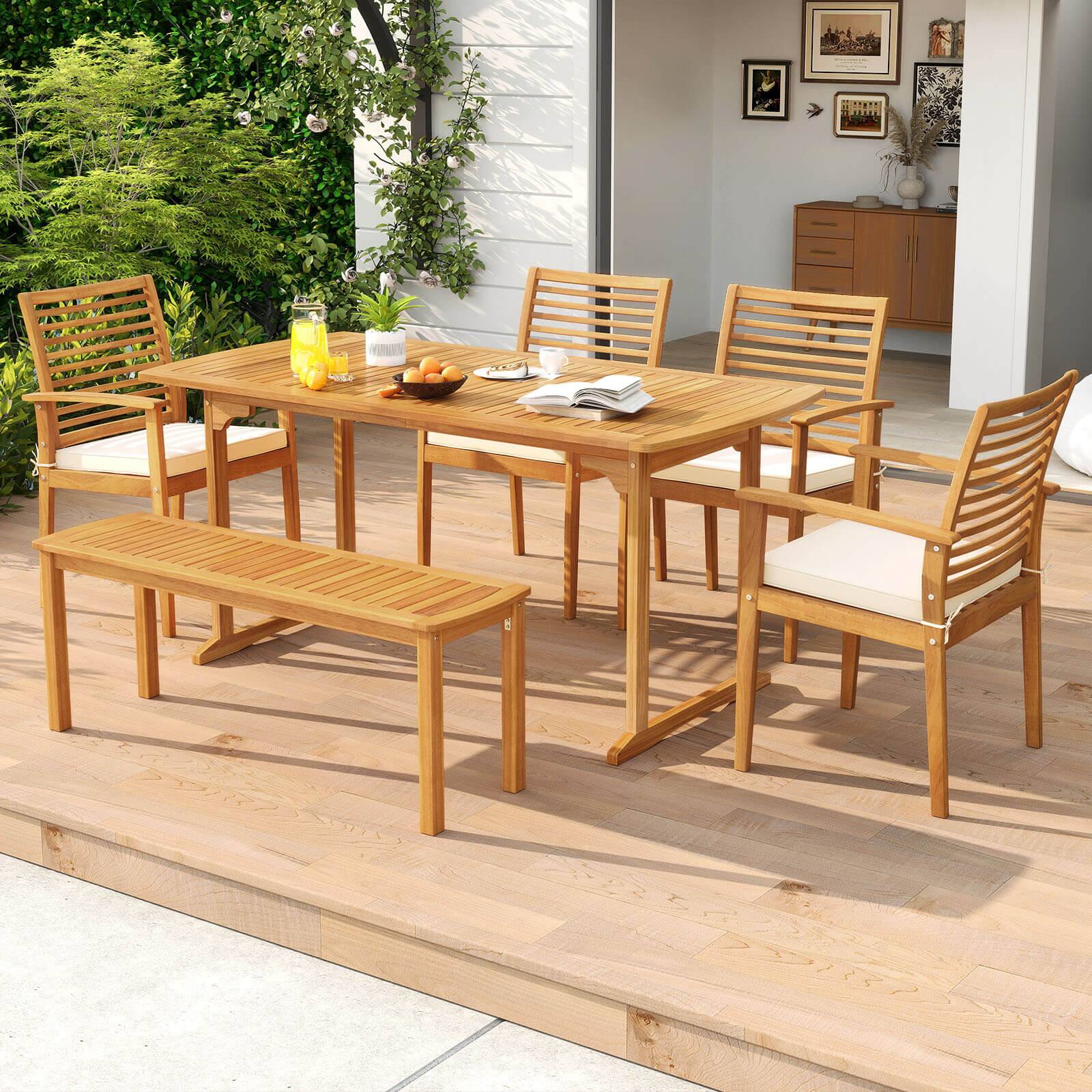 Alt View 3. Costway - Costway 6PCS Outdoor Acacia Wood Dining Set Rectangle Dining Table with 4 Chairs & Bench - Natural.
