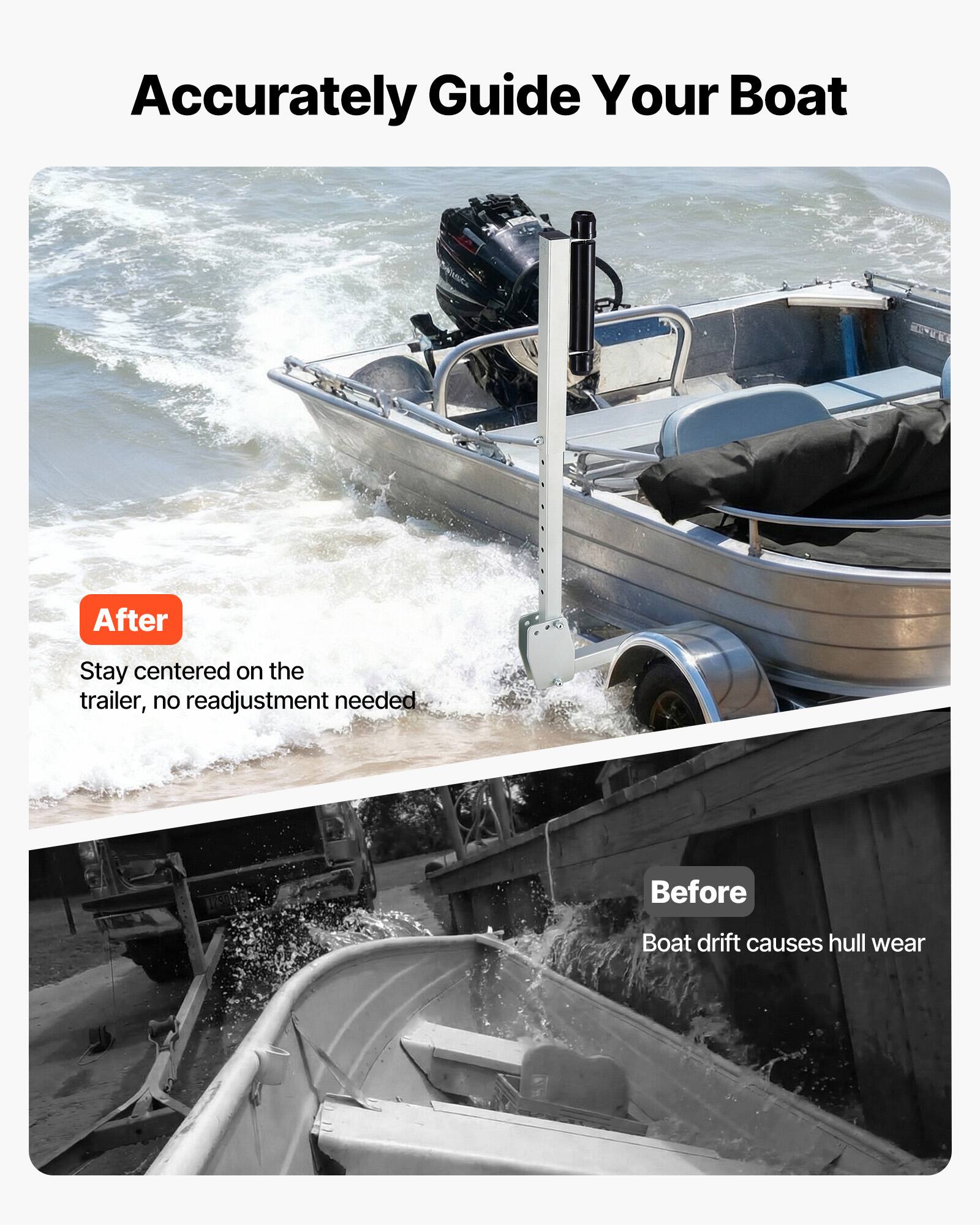 Accurately Guide Your Boat

After
Stay centered on the trailer, no readjustment needed

Before
Boat drift causes hull wear