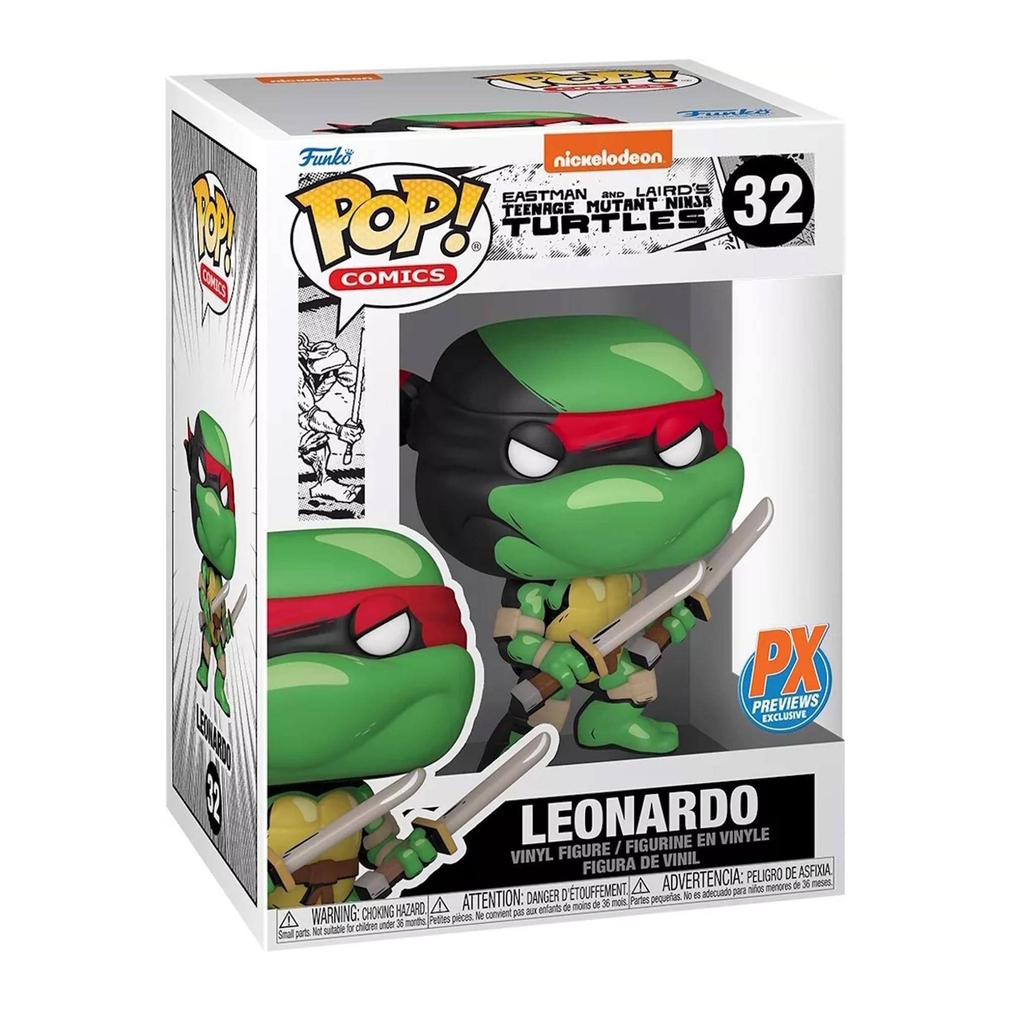 Sure, here is the corrected and grouped text from the image:

---

**Front:**
- Funko POP! COMICS
- Nickelodeon
- Eastman and Laird's Teenage Mutant Ninja Turtles
- 32
- Leonardo
- Vinyl Figure / Figurine en Vinyle / Figura de Vinil
- PX PREVIEWS EXCLUSIVE

**Warnings:**
- WARNING: CHOKING HAZARD - Small parts. Not for children under 3 years.
- ATTENTION: DANGER D'ÉTOUFFEMENT - Petits pièces. Ne convient pas aux enfants de moins de 36 mois.
- ADVERTENCIA: PELIGRO DE ASFIXIA - Piezas pequeñas. No adecuado para menores de 36 meses.

**Side:**
- Funko POP! COMICS
- Leonardo
- 32

**Top:**
- Nickelodeon
- Eastman and Laird's Teenage Mutant Ninja Turtles
- 32

---