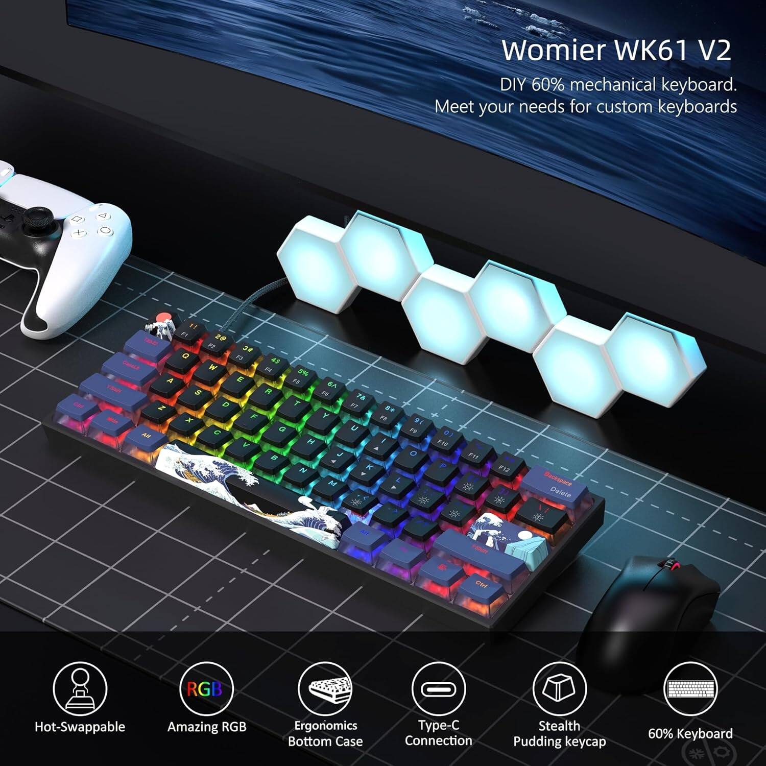 Womier WK61 V2 DIY 60% mechanical keyboard. Meet your needs for custom keyboards.

- Hot-Swappable
- Amazing RGB
- Ergonomics Bottom Case
- Type-C Connection
- Stealth Pudding keycap
- 60% Keyboard