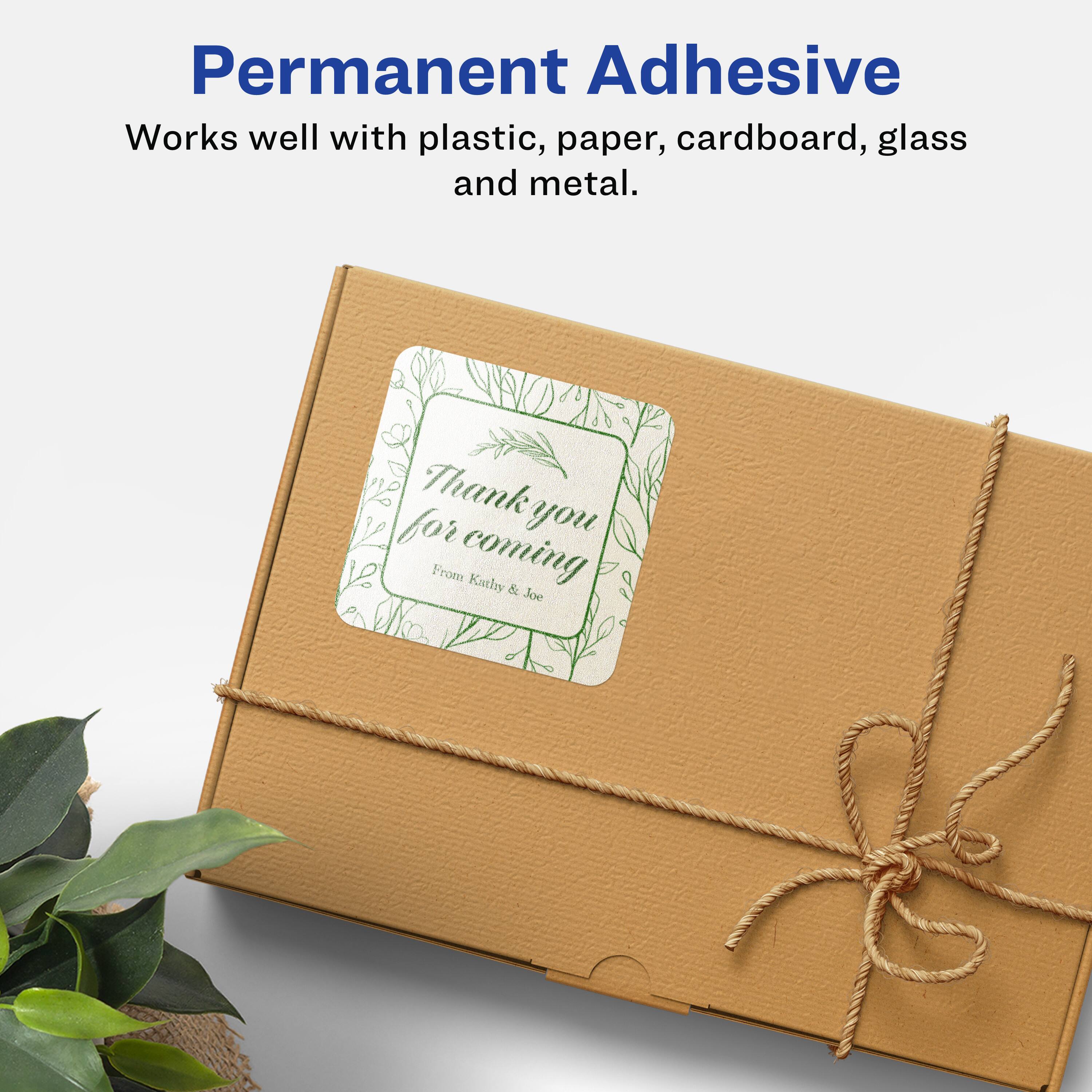 Permanent Adhesive  
Works well with plastic, paper, cardboard, glass and metal.  

Thank you for coming  
From Kathy & Joe