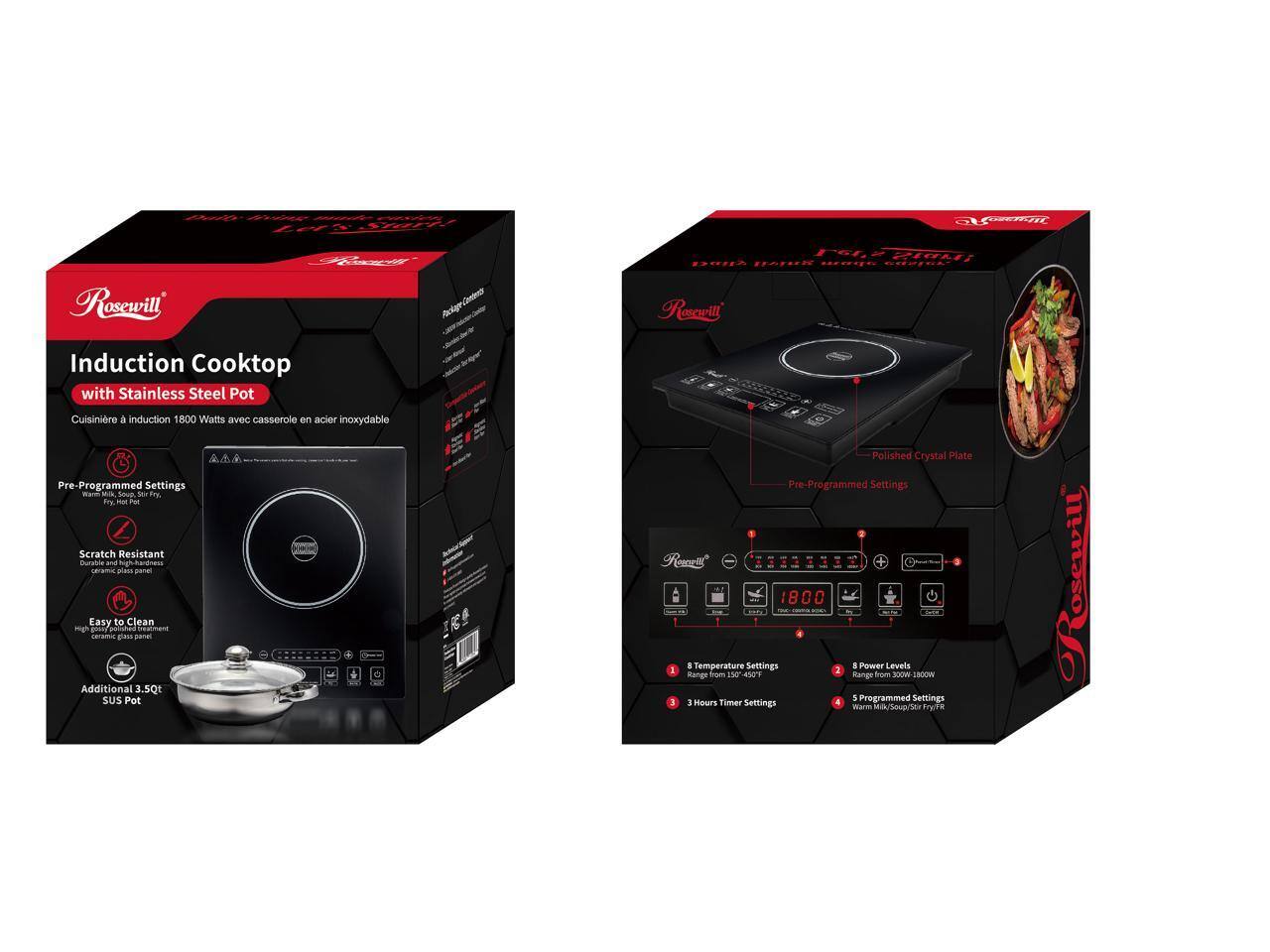 5Tr OLi Rosewill Induction Cooktop with Stainless Steel Pot Cuisinière à induction 1800 Watts avec casserole en acier inoxydable Pre-Programmed Settings mard Su da d I Pe Scratch Resistant Purbia a hgh ceramic plass s Easy to Clean mgh pn pd Lam - pamai Additional 3.5Qt SUS Pot Pgrimo THDI DaiA S..UR C% SRISL Pescll Polished Crystal Plate Pre-Programmed Settings . Resuss 800 0 NO - - a Temperature Sestings 8 Power Levels 3 1 Range Boe 1not4sr Rangs fom - SICON S Programmed Settings 5 Hours Timer Settings A Warm MiniSoupSe STR Posewill