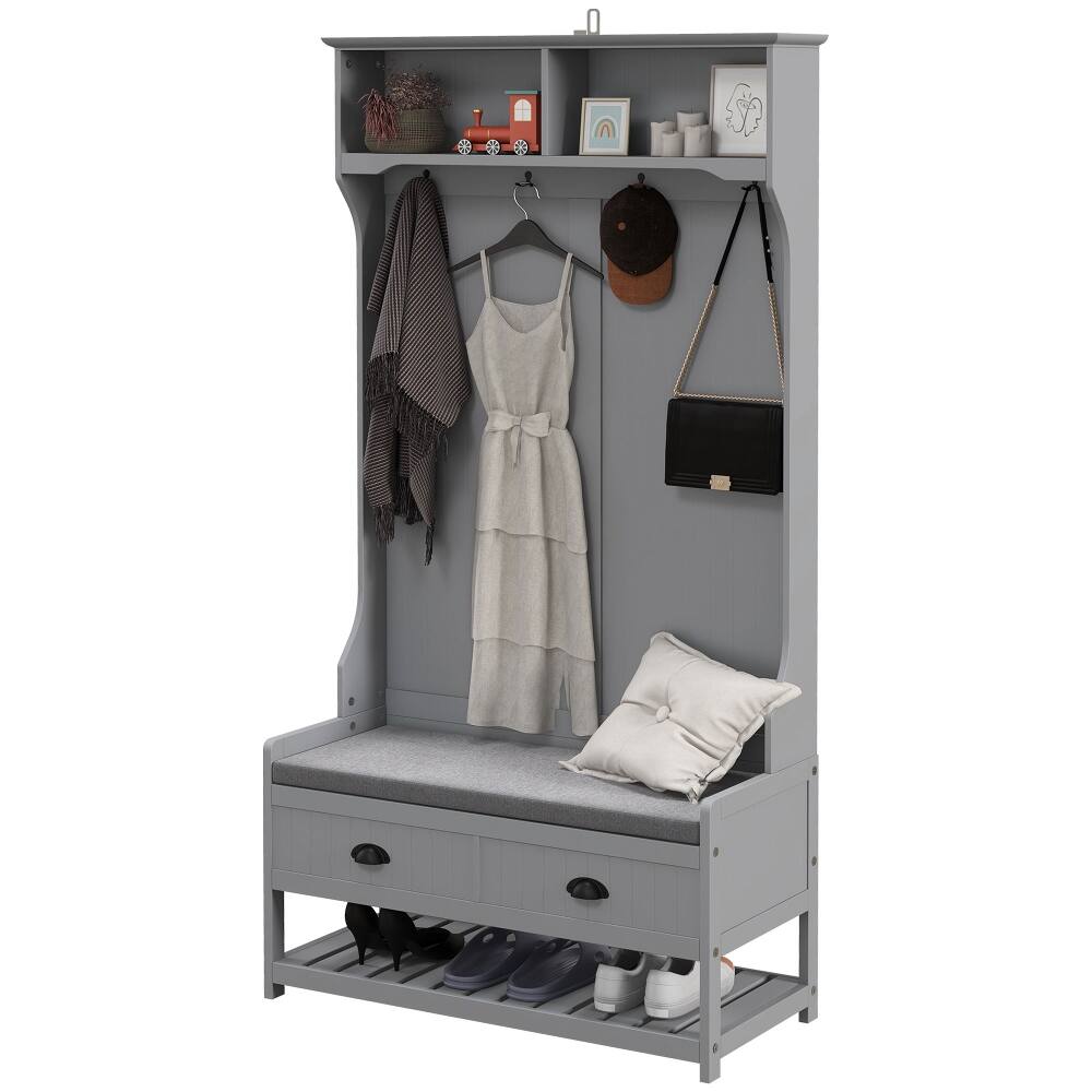 Alt View 5. Loheer - Loheer 3-in-1 hall tree with shoe bench, gray entryway bench with coat rack, 35-Inch W - Gray.