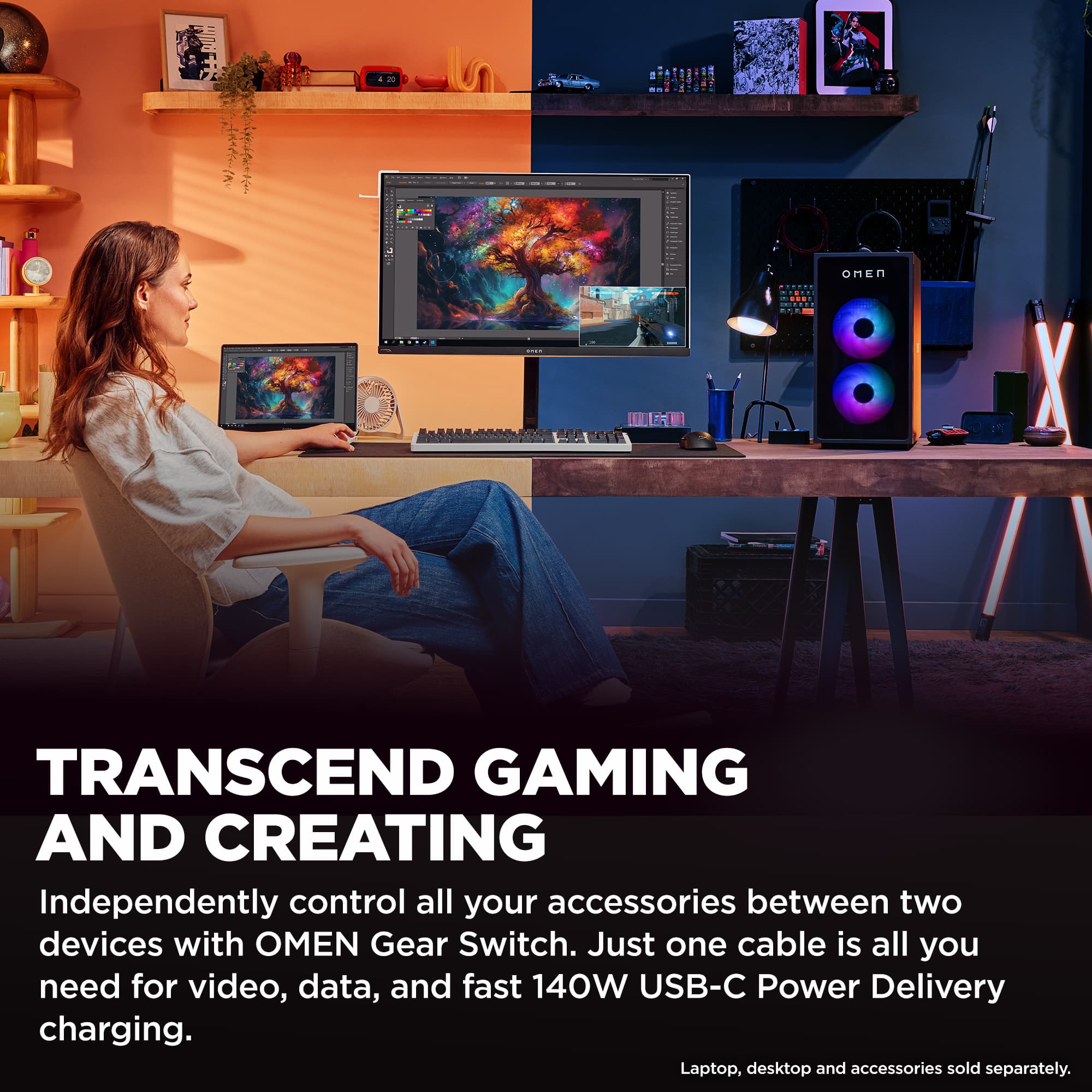 Transcend Gaming and Creating with OMEN Gear Switch. Independently control all your accessories between two devices with just one cable for video, data, and fast 140W USB-C Power Delivery charging. Laptop, desktop, and accessories sold separately.