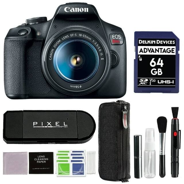 Canon EF-S 18-55mm LENS ZOOM 1:3.5-5.6 CANON IS II 58mm EOS T7  
DELKIN DEVICES ADVANTAGE 64 GB SP V30 XC I UHS-I  
PIXEL CONNECTION LENS CLEANING PAPER