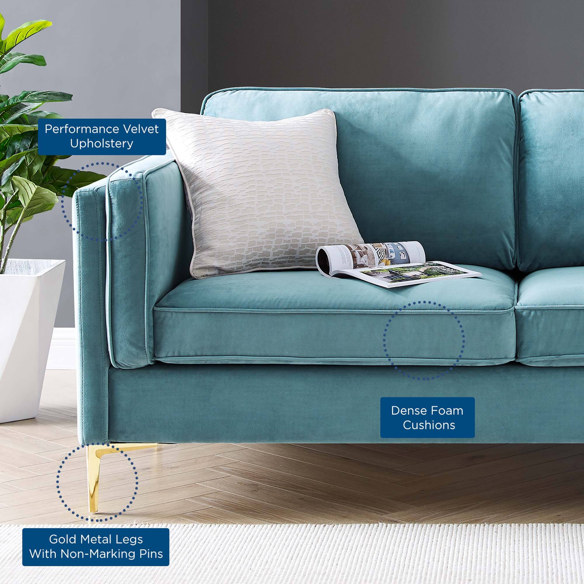 Performance Velvet Upholstery  
Dense Foam Cushions  
Gold Metal Legs With Non-Marking Pins