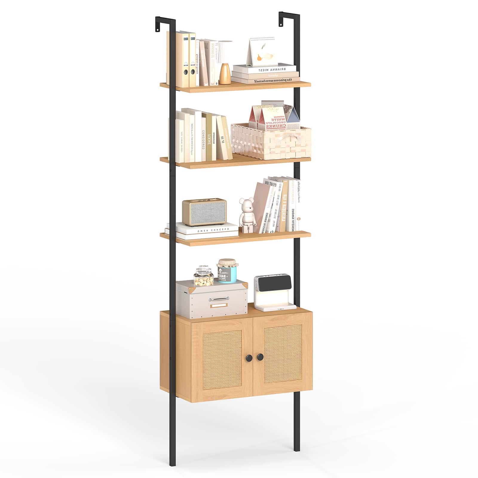 Gymax - Wall-Mounted Ladder Shelf 5-tier Bookshelf w/ Rattan-Door Cabinet Display Rack - Natural