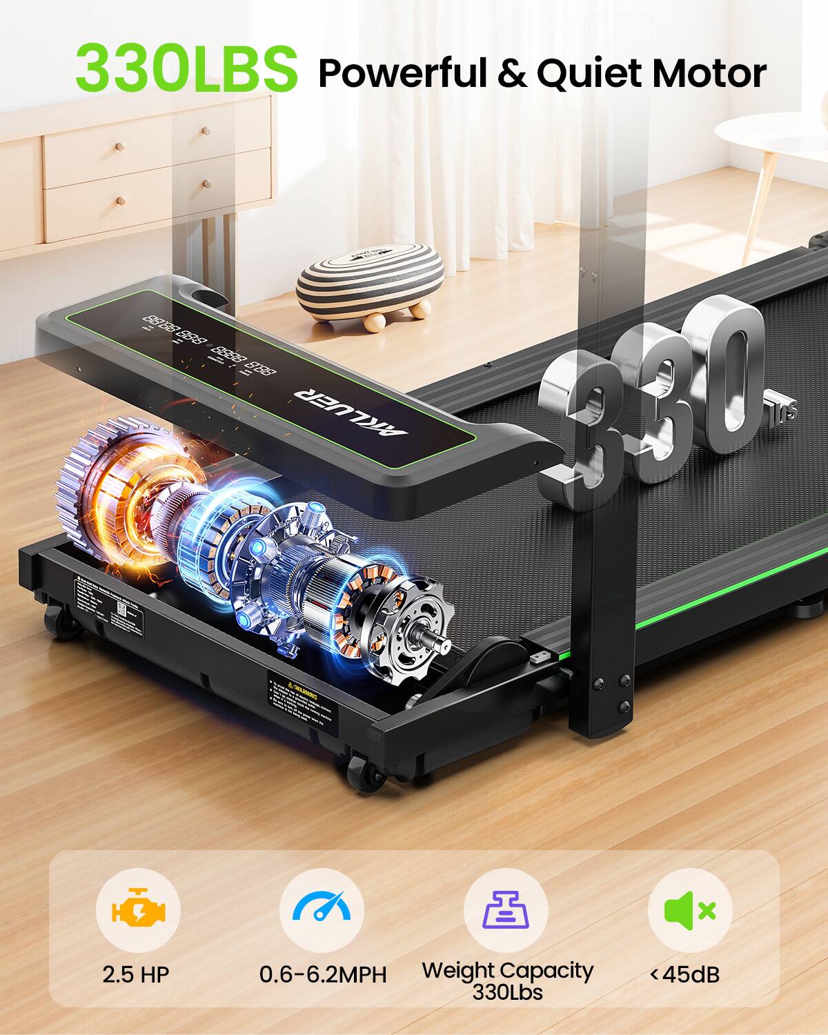330LBS Powerful & Quiet Motor

2.5 HP  
0.6-6.2MPH  
Weight Capacity 330Lbs  
< 45dB