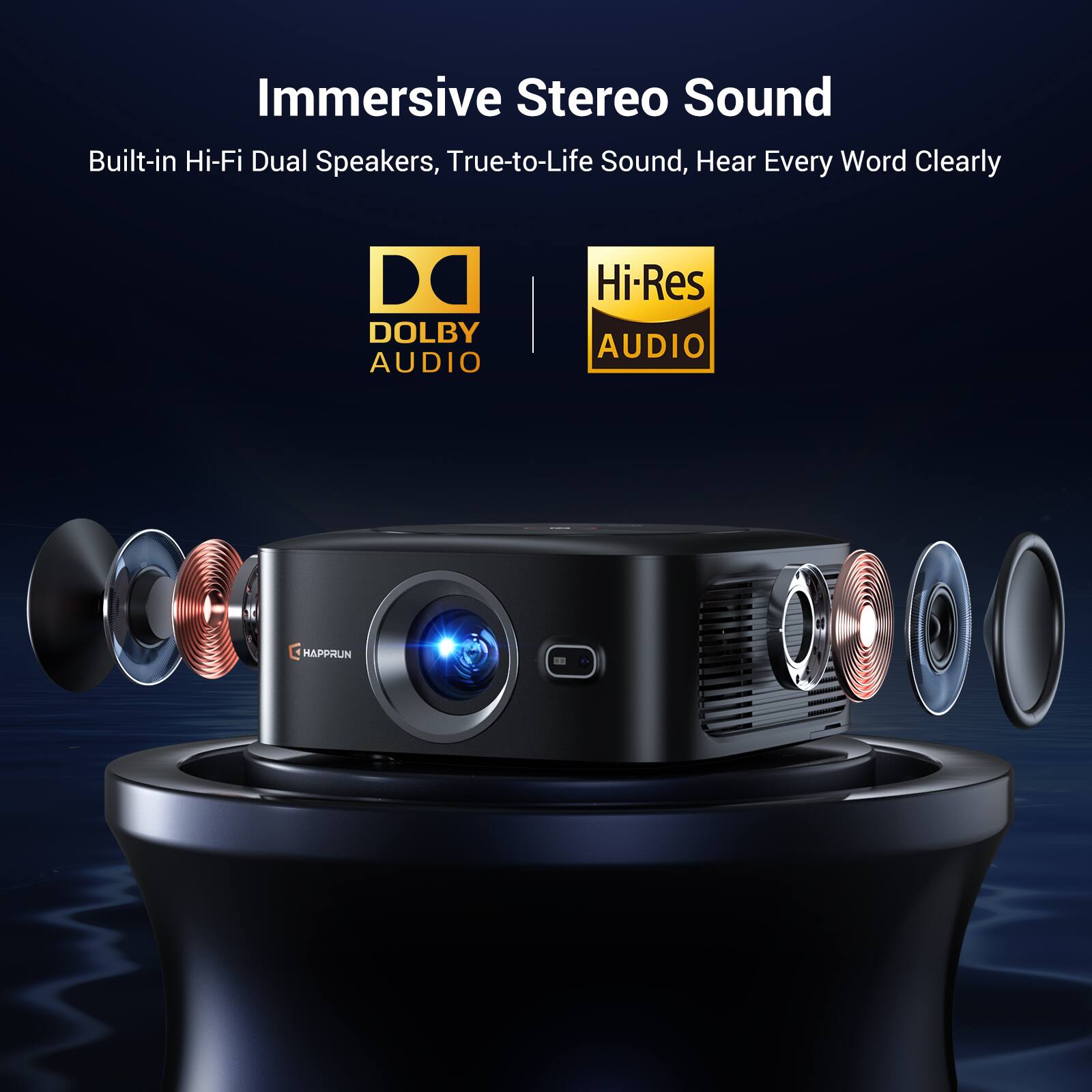 Immersive Stereo Sound  
Built-in Hi-Fi Dual Speakers, True-to-Life Sound, Hear Every Word Clearly  
DOLBY AUDIO  
Hi-Res AUDIO  
HAPPRUN