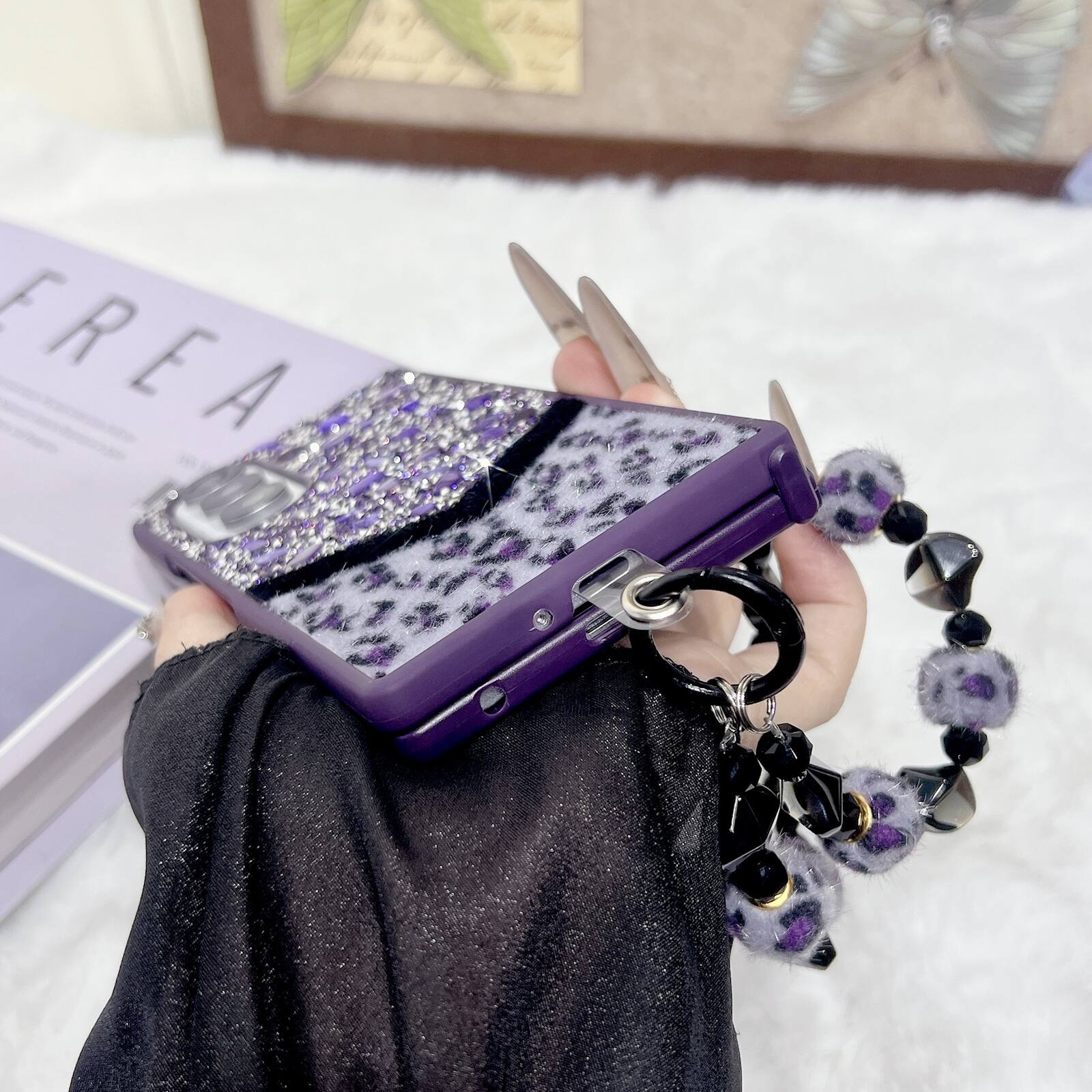 Alt View 2. Dteck - Shockproof Phone Case for Samsung Galaxy Z Fold7 with Beaded Wrist Strap, Glitter Rhinestone Hard PC Protective Cover - Purple.