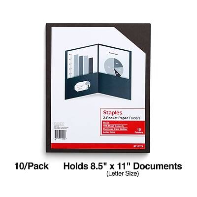 Staples 2-Pocket Paper Folders  
Black  
10/Pack  
Holds 8.5" x 11" Documents (Letter Size)  
ST13378