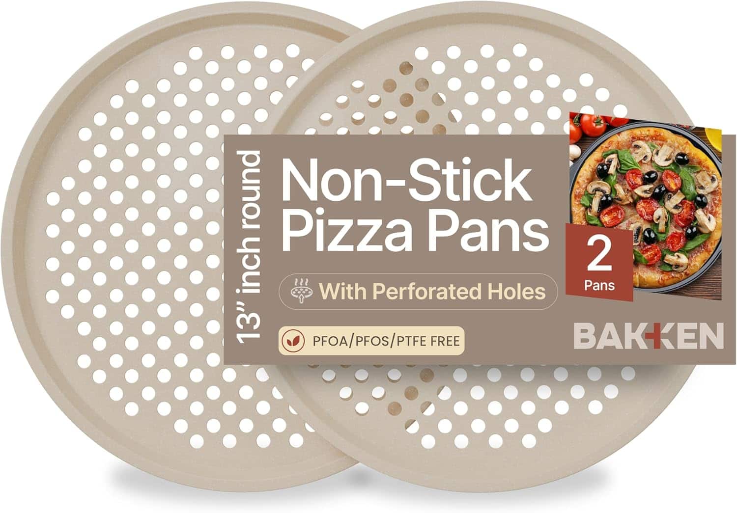 Bakken- Swiss - Bakken 2-Pack Round Pizza Pans – Perforated Carbon Steel, Non-Stick Marble Coating, Silicone Handles, Durable - White