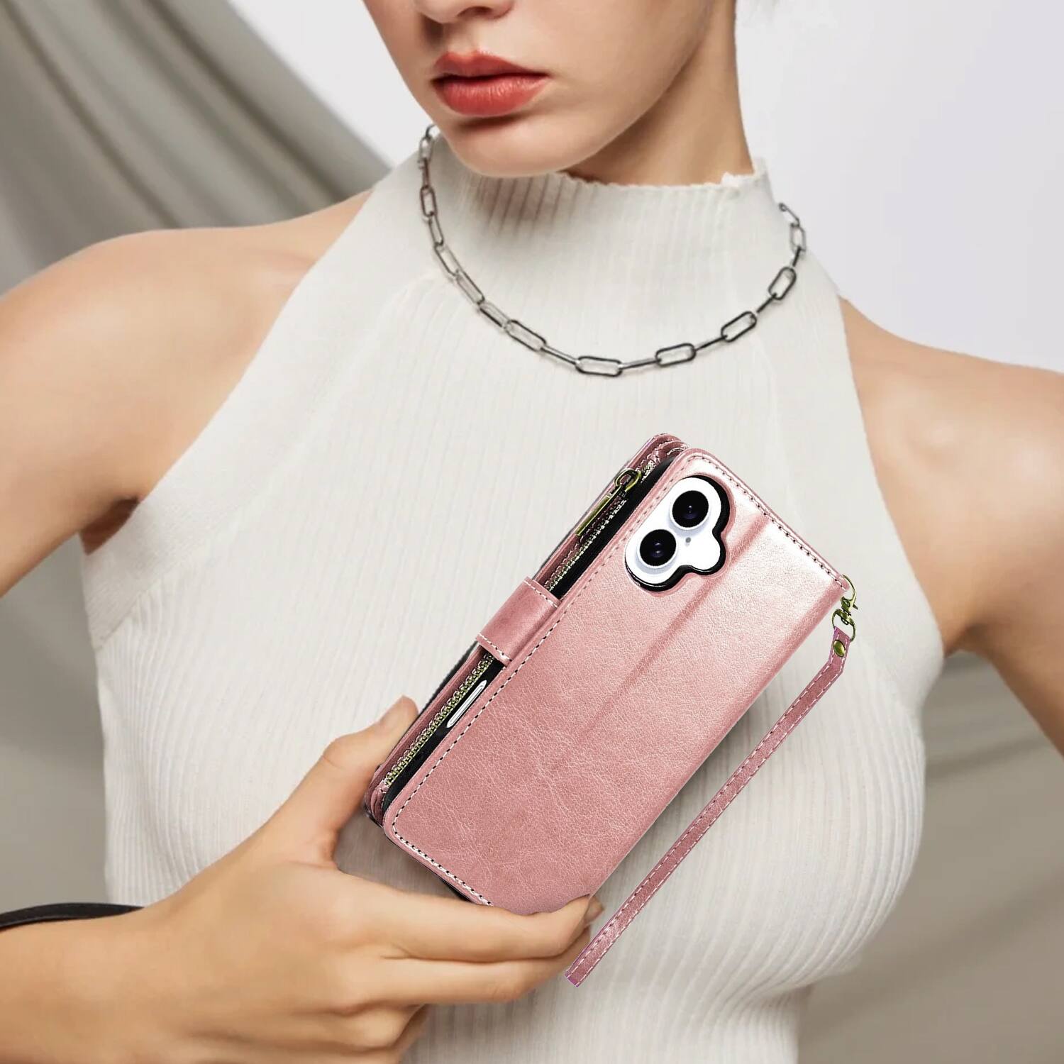 Alt View 7. Equipd - Phone Case for iPhone 17 6.3", Luxury Wallet Card ID Zipper Money Holder Cover (Rose Gold) - Rose Gold.