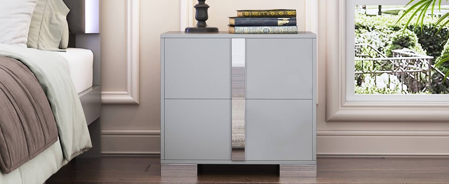 Alt View 6. Spaco - Spaco 2 Drawers Elegant Nightstand with Metal Foot, Mirrored Bedside Table for Bedroom, Living Room - Gray.