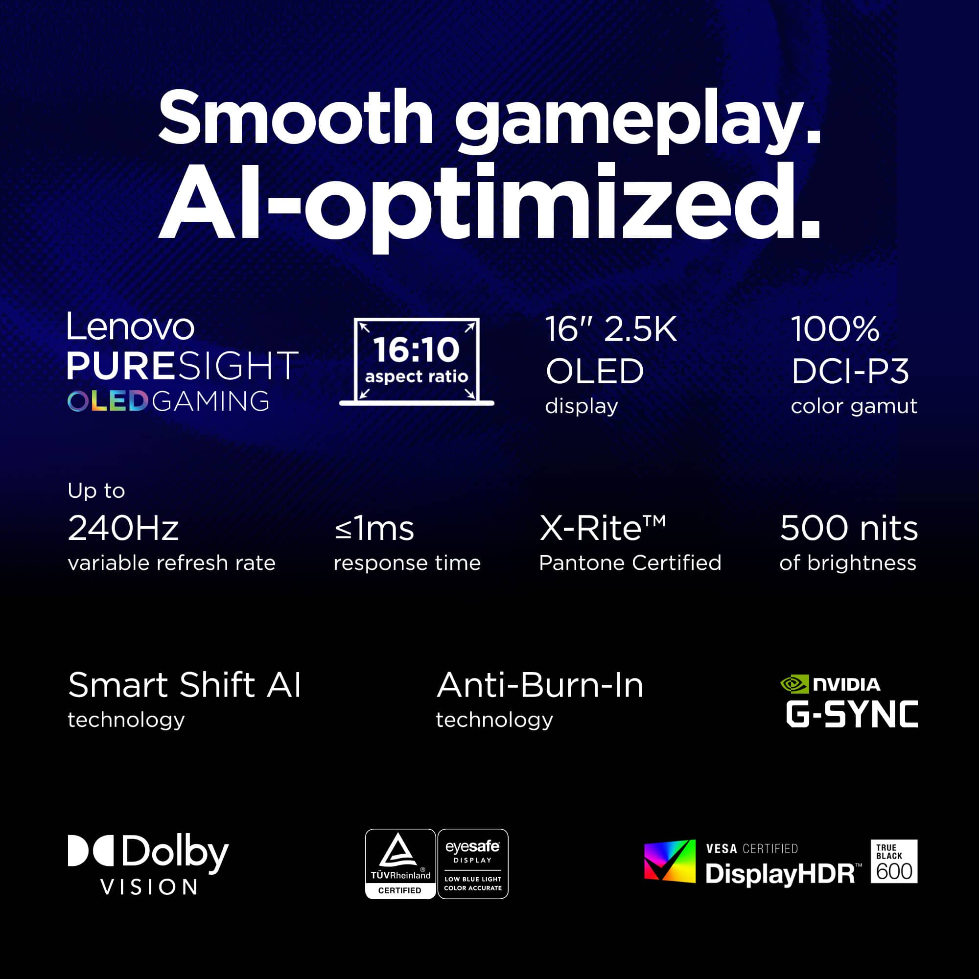 Smooth gameplay. Al-optimized. Lenovo 16" 2.5K 100% 16:10 PURESIGHT aspect ratio OLED DCI-P3 OLEDGAMING display color gamut Up to 240Hz variable refresh rate <1ms response time TM X-Rite Pantone Certified 500 nits of brightness Smart Shift AI technology Anti-Burn-In technology NVIDIA G-SYNC Dolby VISION eyesafe DISPLAY TUVRheinland ... o CERTIFIED TRUE BLACK DisplayHDR 600 VESA CERTIFIED