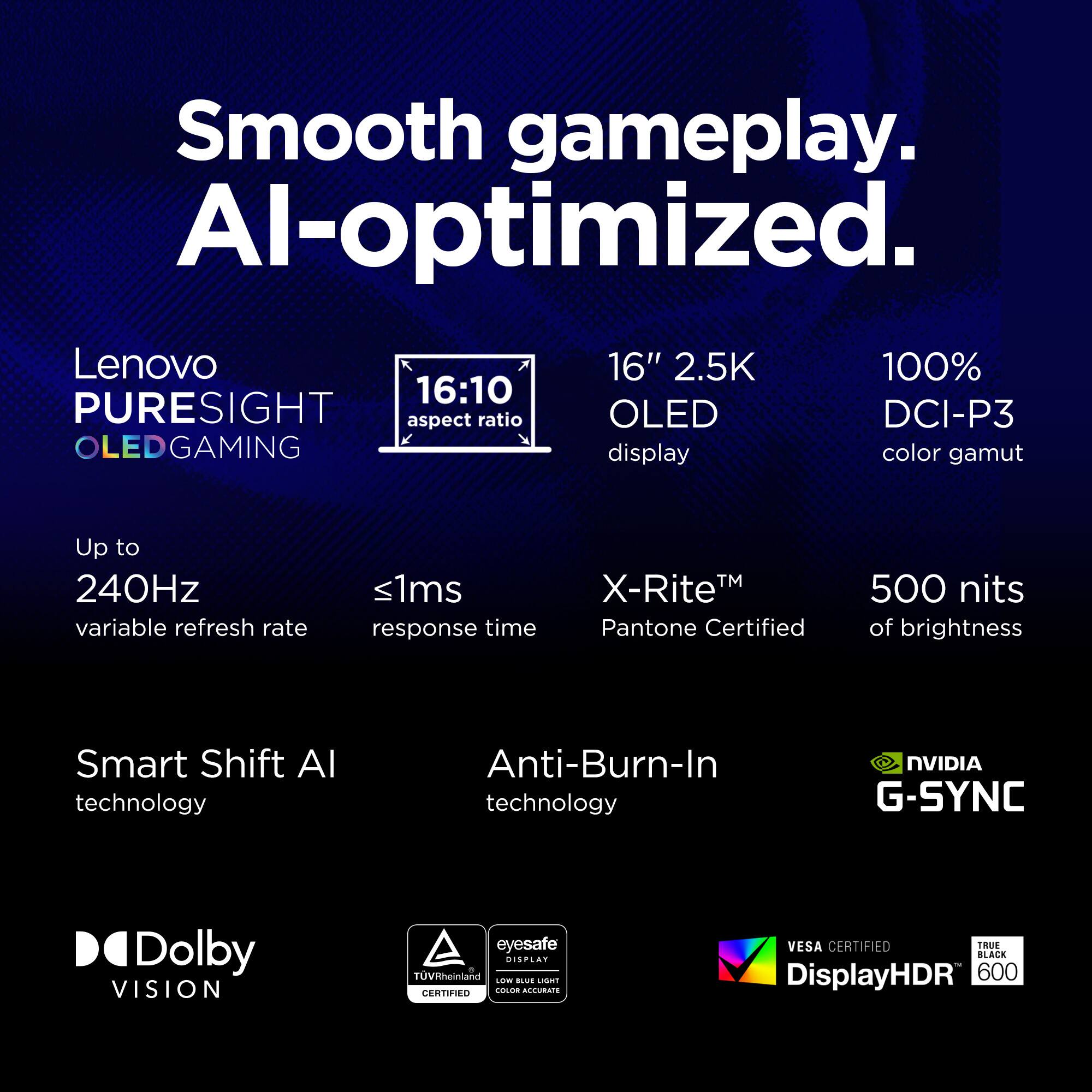 Smooth gameplay. Al-optimized. Lenovo 16" 2.5K 100% 16:10 PURESIGHT aspect ratio OLED DCI-P3 OLEDGAMING display color gamut Up to 240Hz variable refresh rate <1ms response time TM X-Rite Pantone Certified 500 nits of brightness Smart Shift AI technology Anti-Burn-In technology NVIDIA G-SYNC Dolby VISION eyesafe DISPLAY TUVRheinland  ... o CERTIFIED TRUE BLACK DisplayHDR 600 VESA CERTIFIED