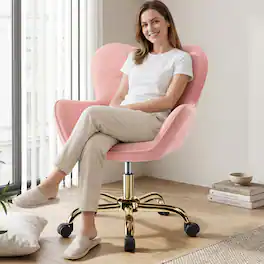 KERDOM - Flower Vanity Chair with Back & Wheels, Swivel Dresser Chair Home Office Desk Chair for Girls, Fleece Cute Makeup Chair - Pink