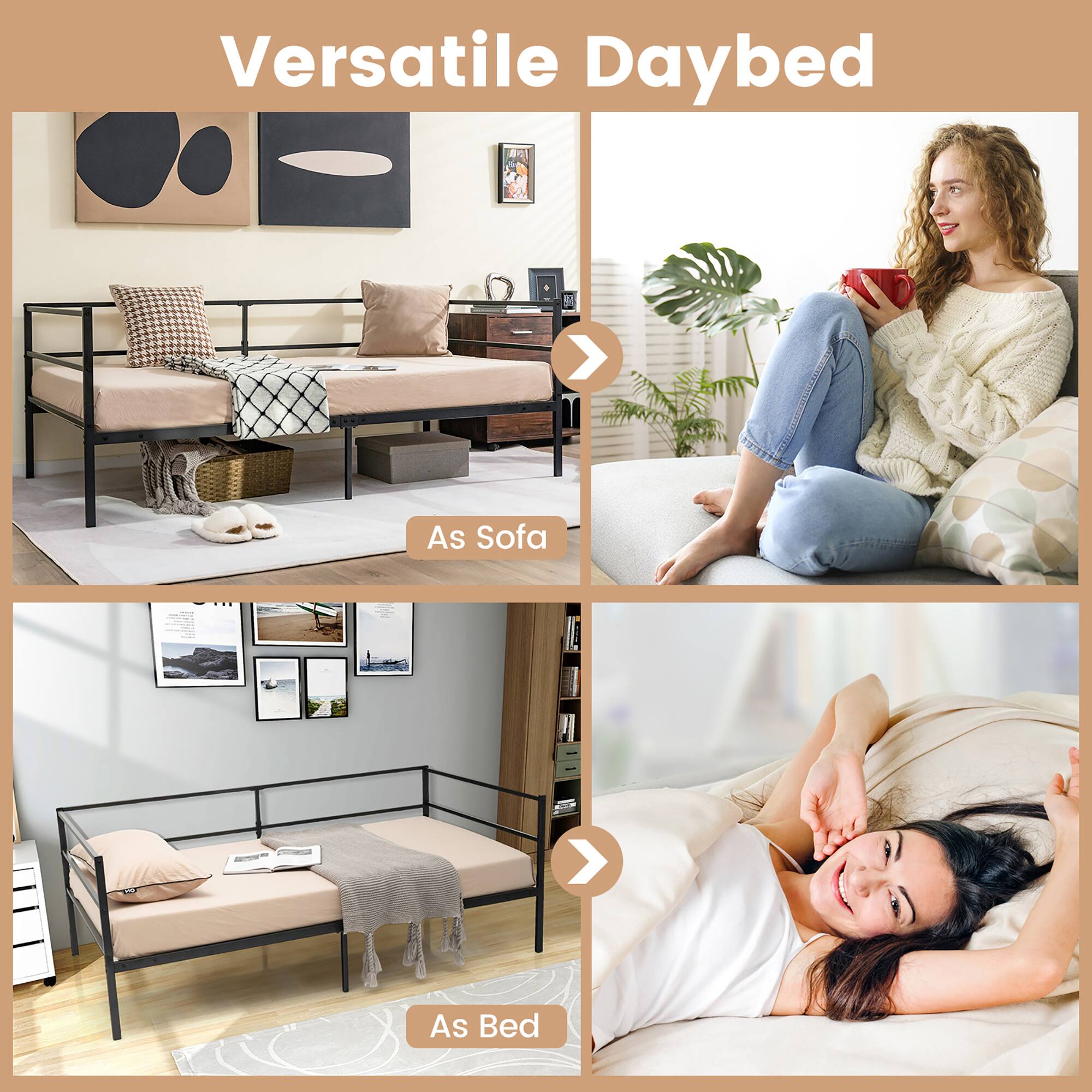 Alt View 5. Costway - Costway Twin Daybed Sofa Bed Frame Metal Platform with Headboard for Guest - Living Room - Black.