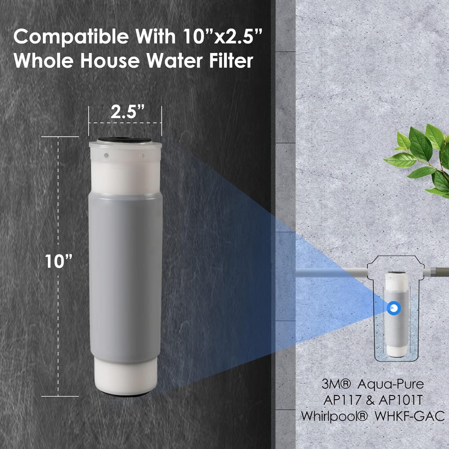 Compatible With 10"x2.5" Whole House Water Filter

2.5"

10"

3M Aqua-Pure AP117 & AP101T Whirlpool WHKF-GAC