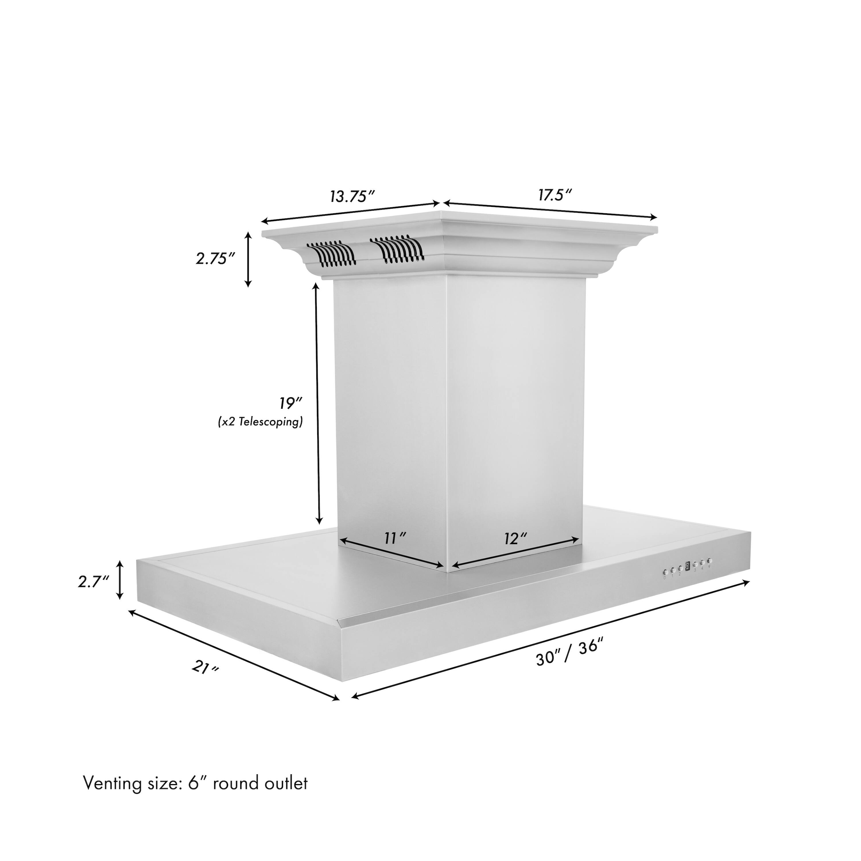 13.75" 17.5" 2.75" 19" (x2 Telescoping) 2.7" 11" 12" 21" 30"/36" / 36" 30" Venting size: 6" round outlet