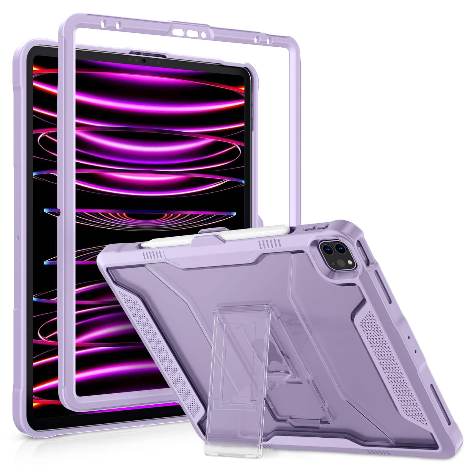 Front. VIKESI - Kickstand Protective Case for iPad Pro 12.9 inch , Matte Frosted Scratch Resistant Back, TPU Shockproof Frame - Light Purple.