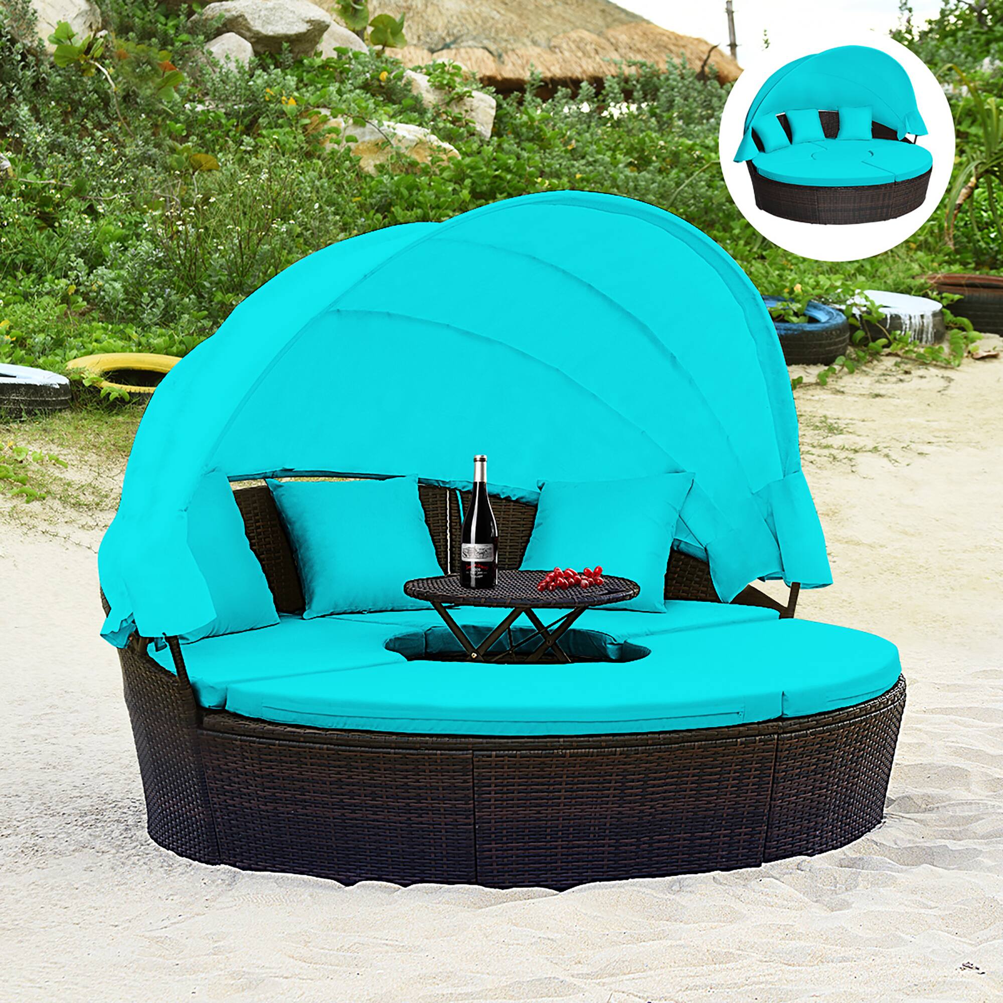 Alt View 3. Gymax - Gymax Cushioned Patio Rattan Round Daybed w/ Adjustable Table 3 Pillows Turquoise - Turquoise.