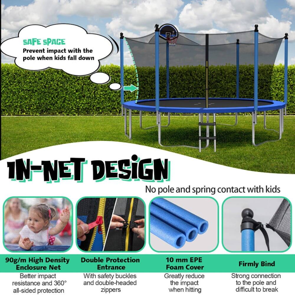 SAFE SPACE  
Prevent impact with the pole when kids fall down

IN-NET DESIGN  
No pole and spring contact with kids

90g/m High Density Enclosure Net  
Better impact resistance and 360° all-sided protection

Double Protection Entrance  
With safety buckles and double-headed zippers

10 mm EPE Foam Cover  
Greatly reduce the impact when hitting

Firmly Bind  
Strong connection to the pole and difficult to break
