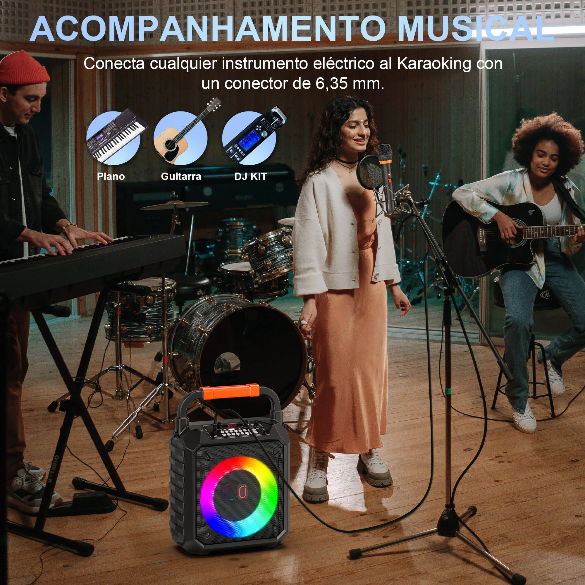 ACOMPANHAMENTO MUSICAL

Conecta cualquier instrumento eléctrico al Karaoke con un conector de 6,35 mm.

Piano  
Guitarra  
DJ KIT