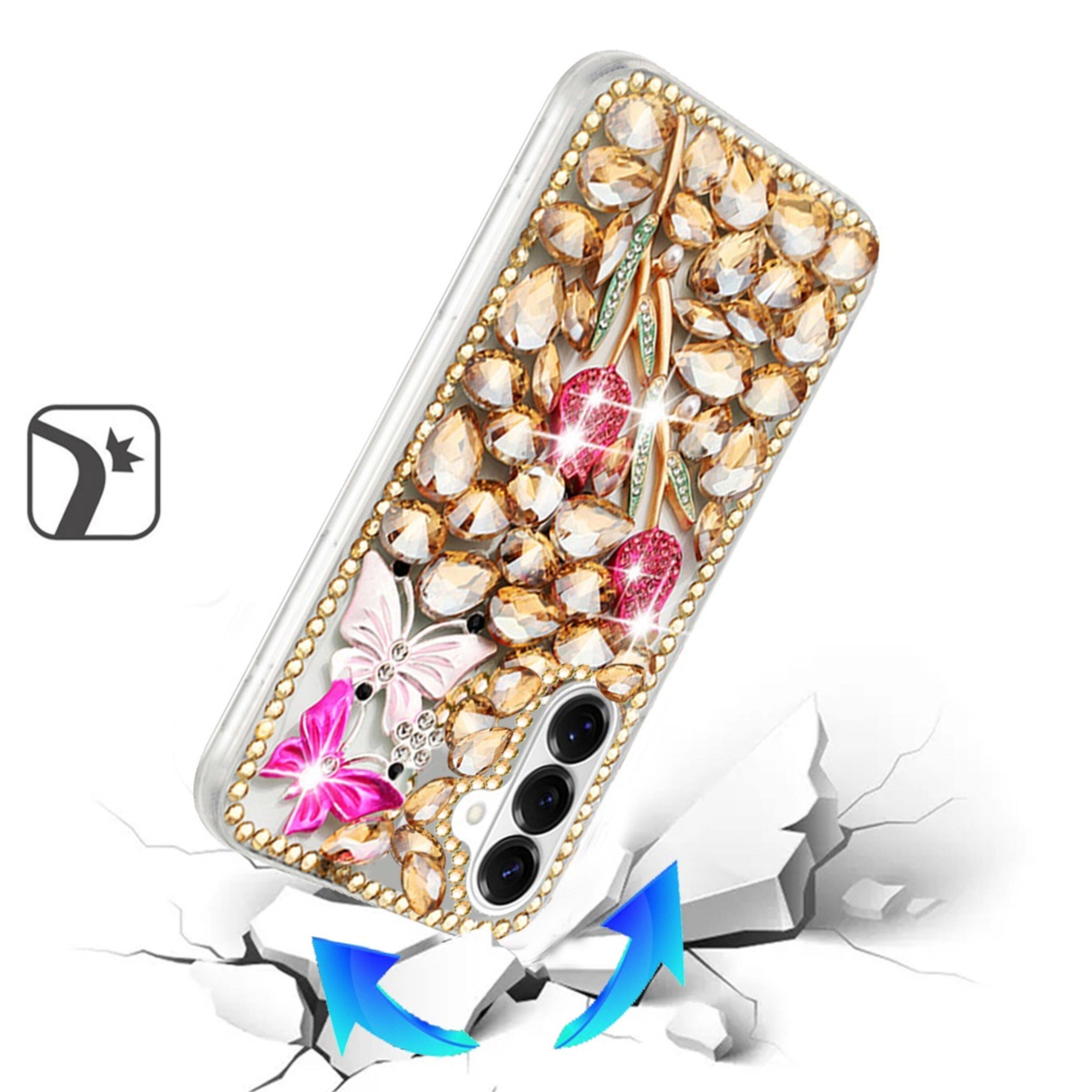 Left. Kitcheniva - Full Diamond Bling 3D Jewel Ornaments Design Phone Case With Tempered Glass For Samsung S26 Gold Garden - Multicolor.