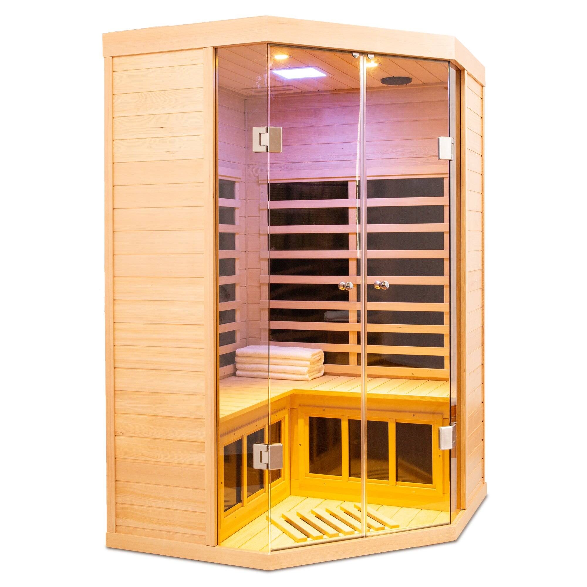 Alt View 8. Boyel Living - Two-Person Hemlock Far Infrared Corner Sauna with Bluetooth and LED Lights - Natural.