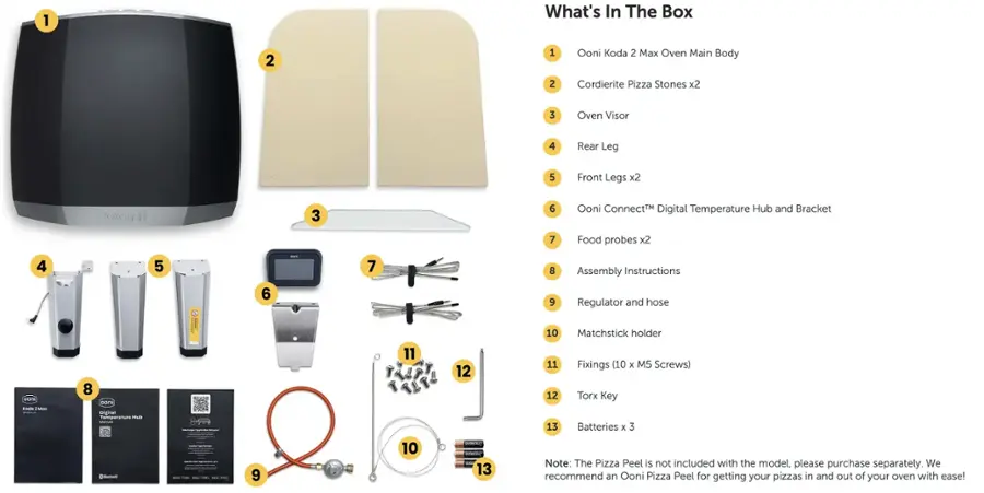 1. What's In The Box
2. Ooni Koda 2
3. Max Oven Main Body
4. Cordierite Pizza Stones x2
5. Oven Visor
6. Rear Leg
7. Front Legs x2
8. Oomii 3
9. Ooni ConnectM Digital Temperature Hub and Bracket
10. Food probes x2
11. ArS Lad
12. Assembly Instructions
13. Regulator and hose
14. Matchstick holder
15. Fixings (10 x M5 Screws)
16. Torx Key
17. Batteries x 3
18. Note: The Pizza Peel is not included with the model, please purchase separately. We recommend an Ooni Pizza Peel for getting your pizzas in and out of your oven with ease!