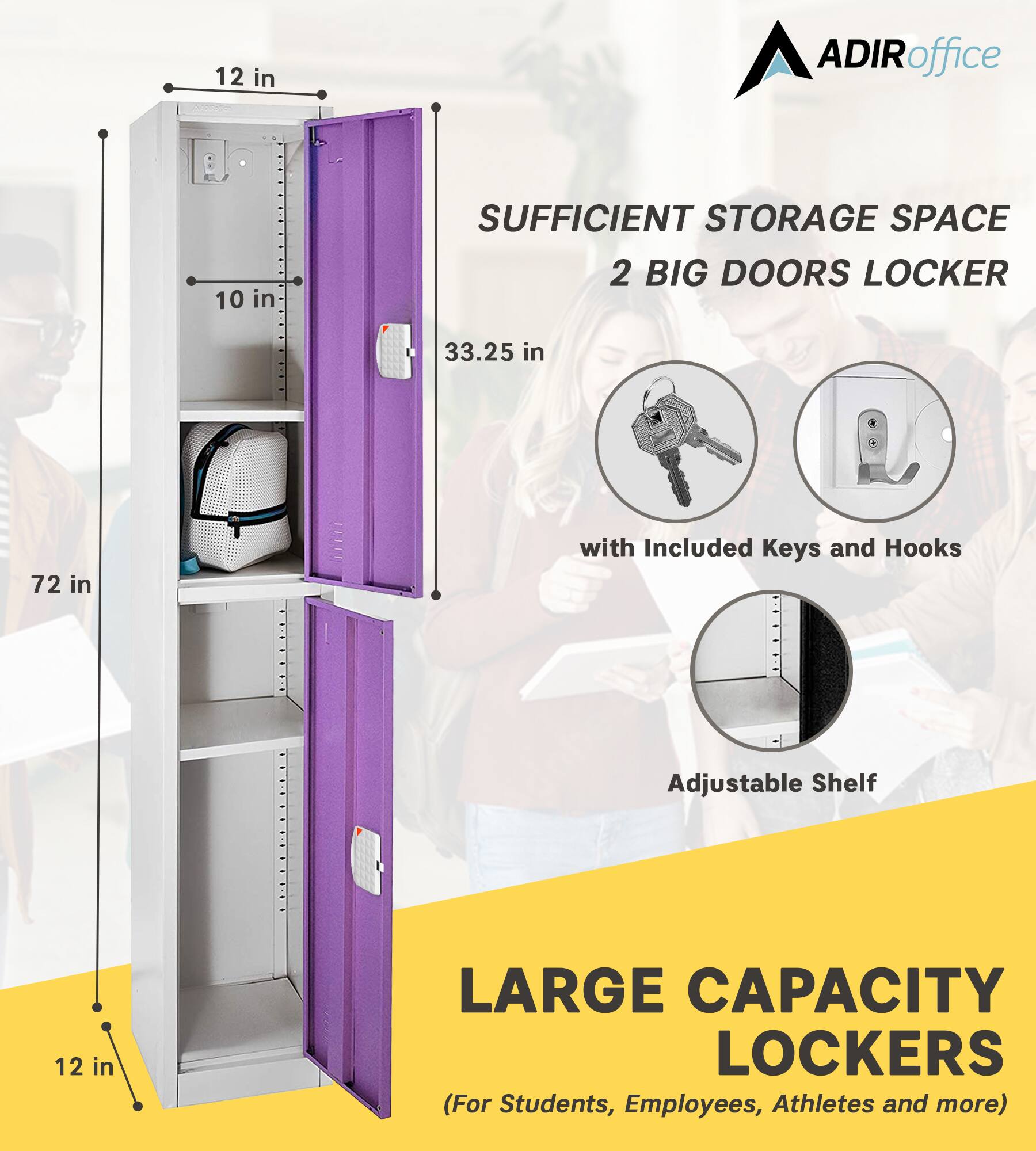 ADIRoffice, SUFFICIENT STORAGE SPACE, 2 BIG DOORS LOCKER, 33.25 in, 72 in, with Included Keys and Hooks, Adjustable Shelf, 12 in, LARGE CAPACITY LOCKERS (For Students, Employees, Athletes and more)