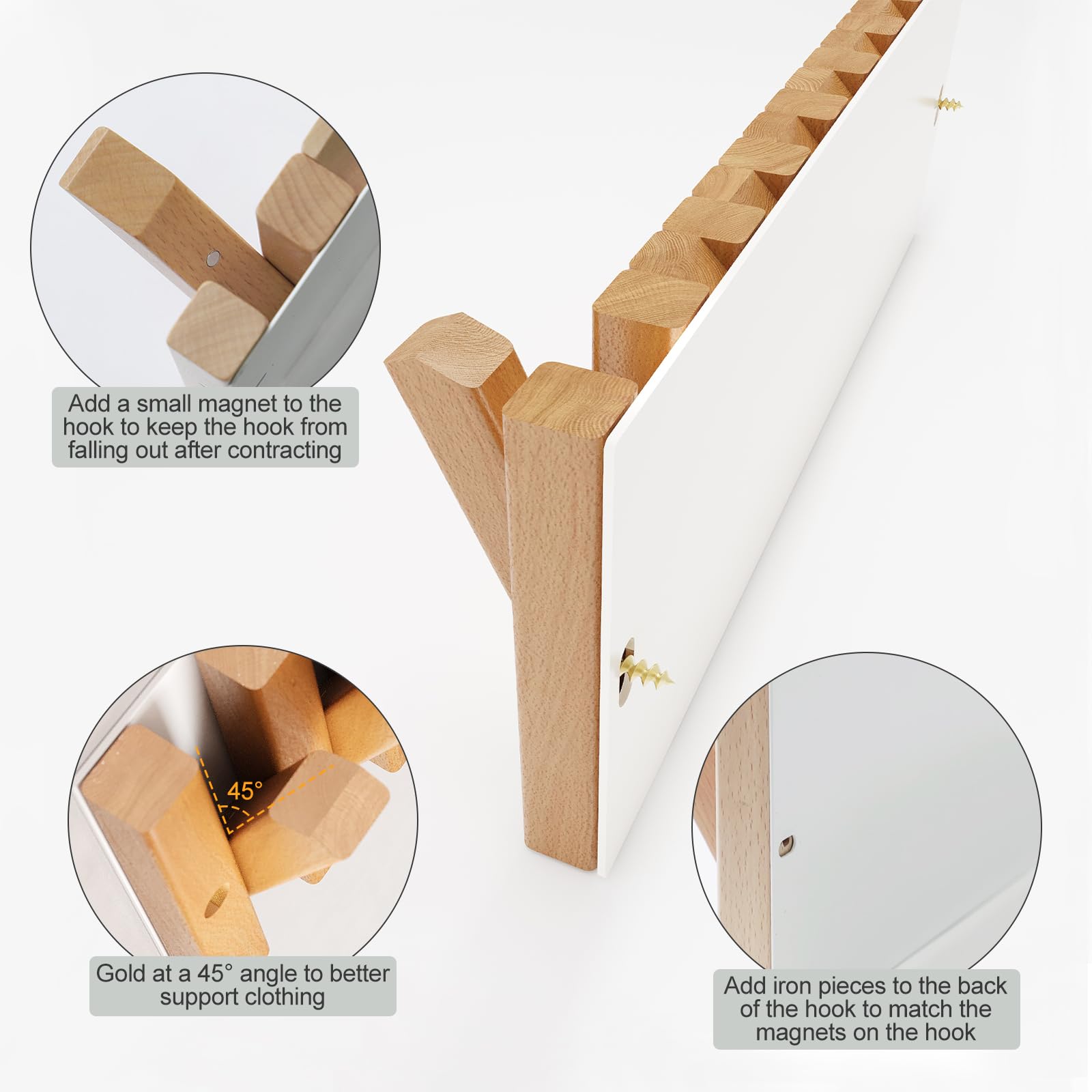 1. Add a small magnet to the hook to keep the hook from falling out after contracting.

2. Gold at a 45° angle to better support clothing.

3. Add iron pieces to the back of the hook to match the magnets on the hook.