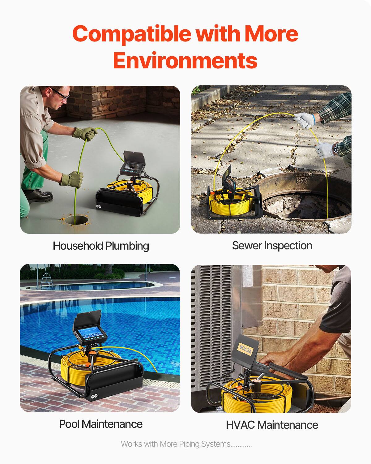 Compatible with More Environments

Household Plumbing  
Sewer Inspection  
Pool Maintenance  
HVAC Maintenance  

Works with More Piping Systems
