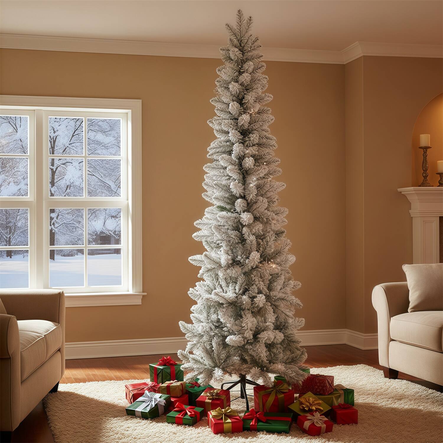 Angle. Sweet - 9ft Snow Flocked Pencil Christmas Tree, Prelighted Artificial Slim Christmas Trees with 250 Lights, Foldable Base - White Flocking.