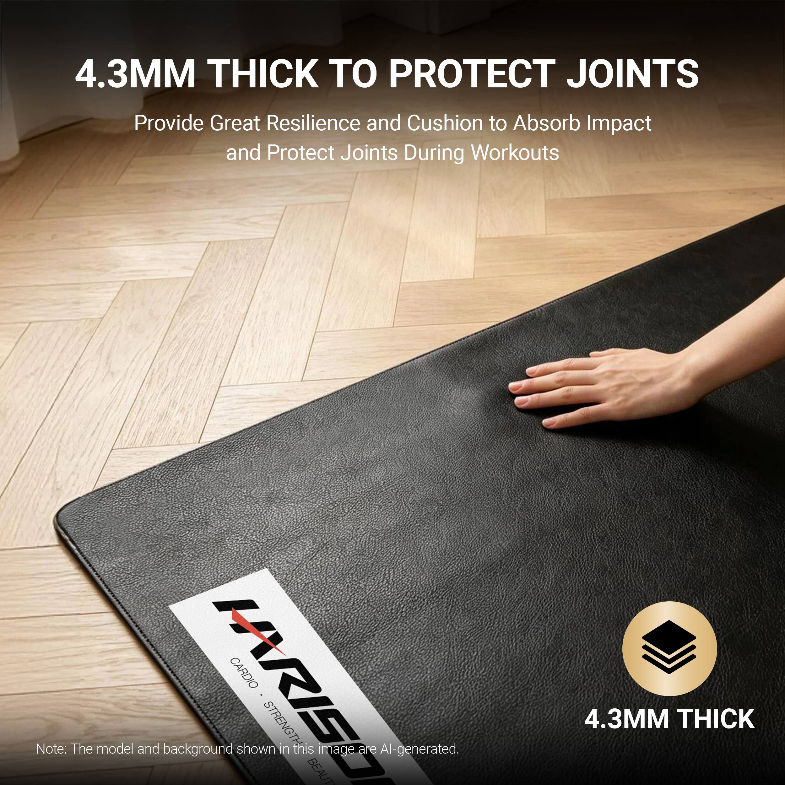 4.3MM THICK TO PROTECT JOINTS  
Provide Great Resilience and Cushion to Absorb Impact and Protect Joints During Workouts  

HARISO CARDIO  
Note: The model and background shown in this image are AI-generated.  

4.3MM THICK