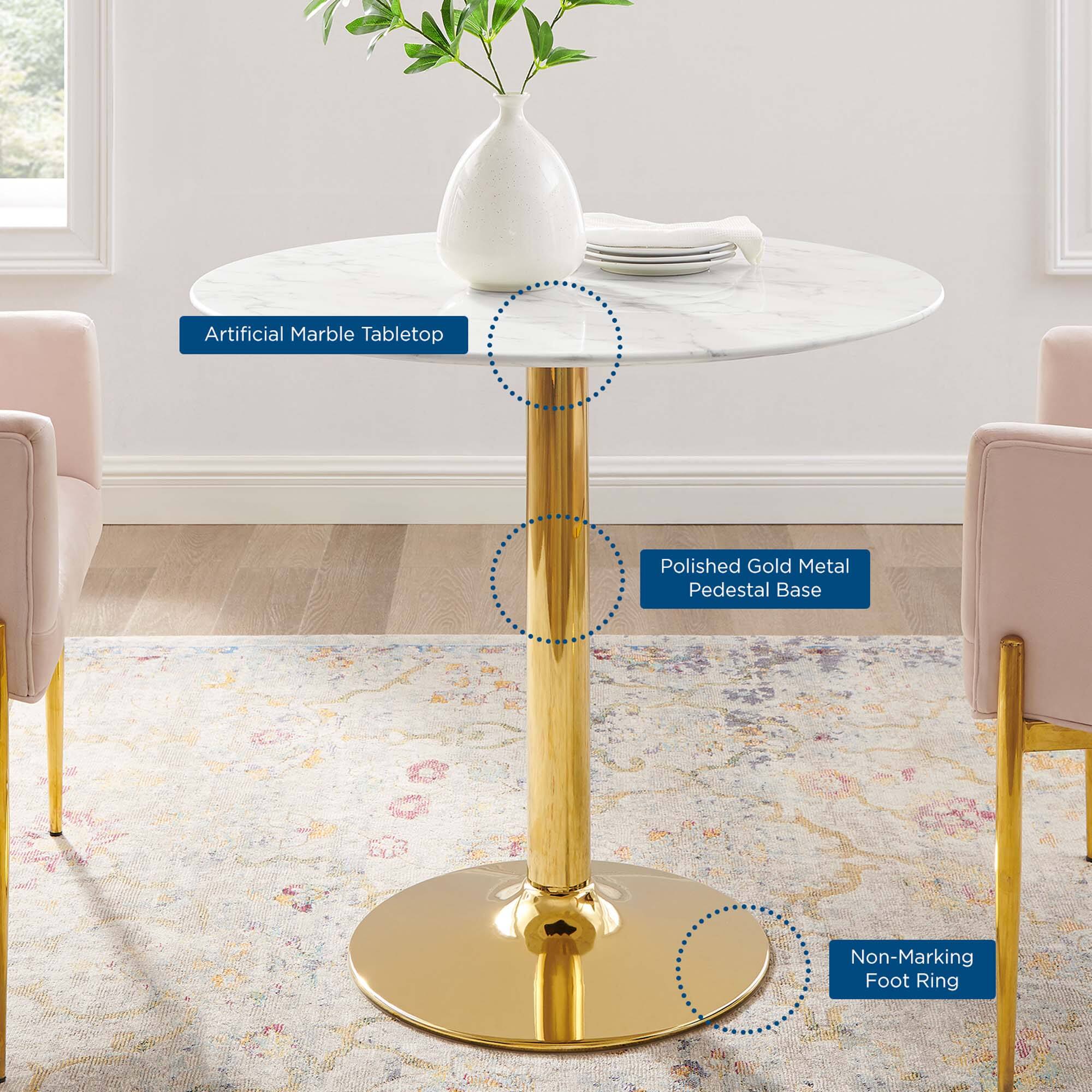Artificial Marble Tabletop  
Polished Gold Metal Pedestal Base  
Non-Marking Foot Ring