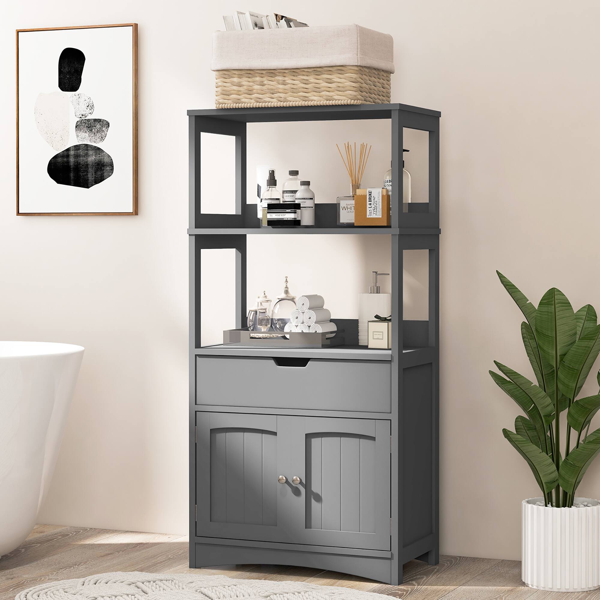 Alt View 2. Gymax - Gymax Bathroom Storage Cabinet w/Drawer Shelf Cupboard Floor Cabinet Grey - Grey.