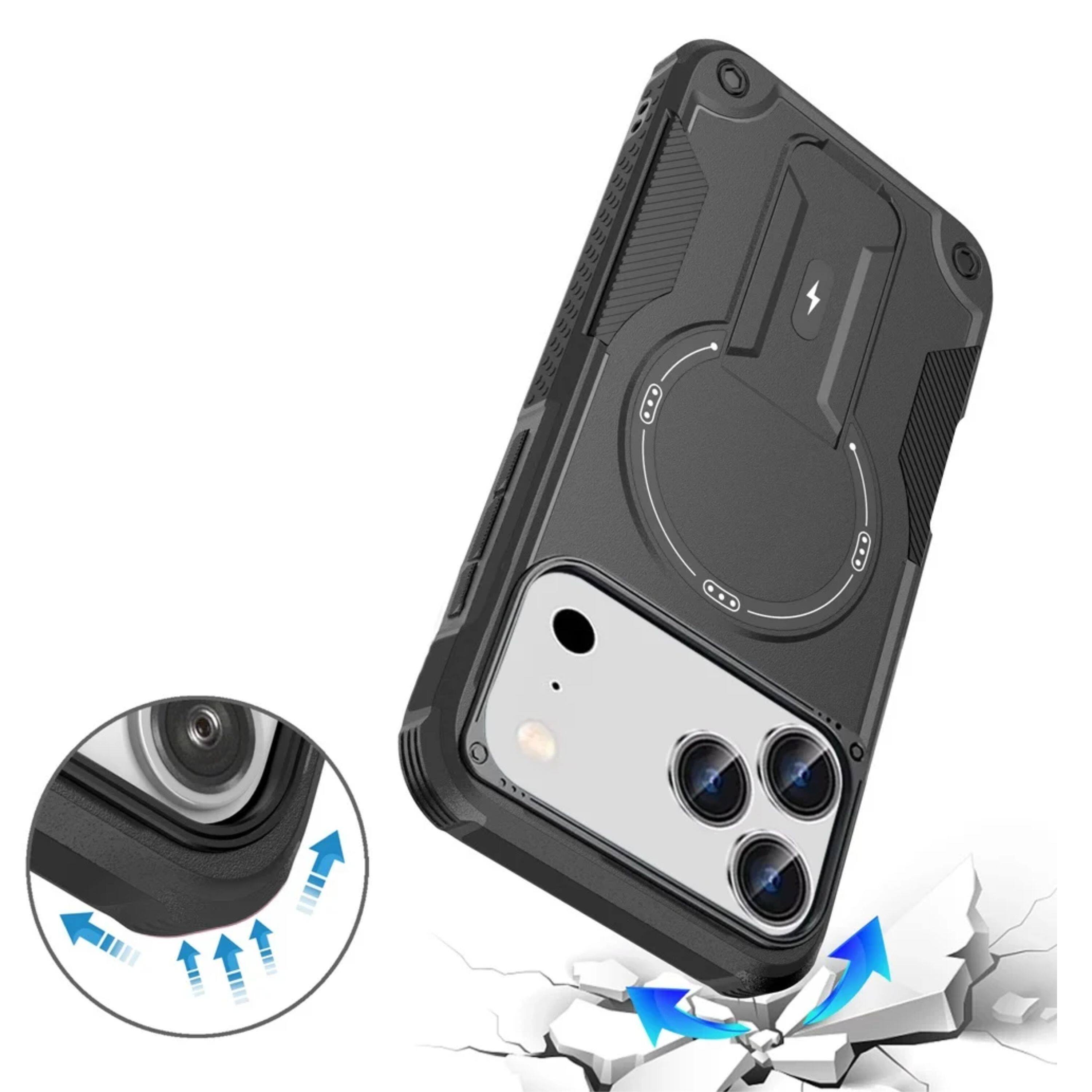 Angle. Kitcheniva - Matte Finish Shockproof Magnetic Circle Rugged Grip Kickstand Phone Case With Tempered Glass For iPhone 17 Pro Max Black - Black.