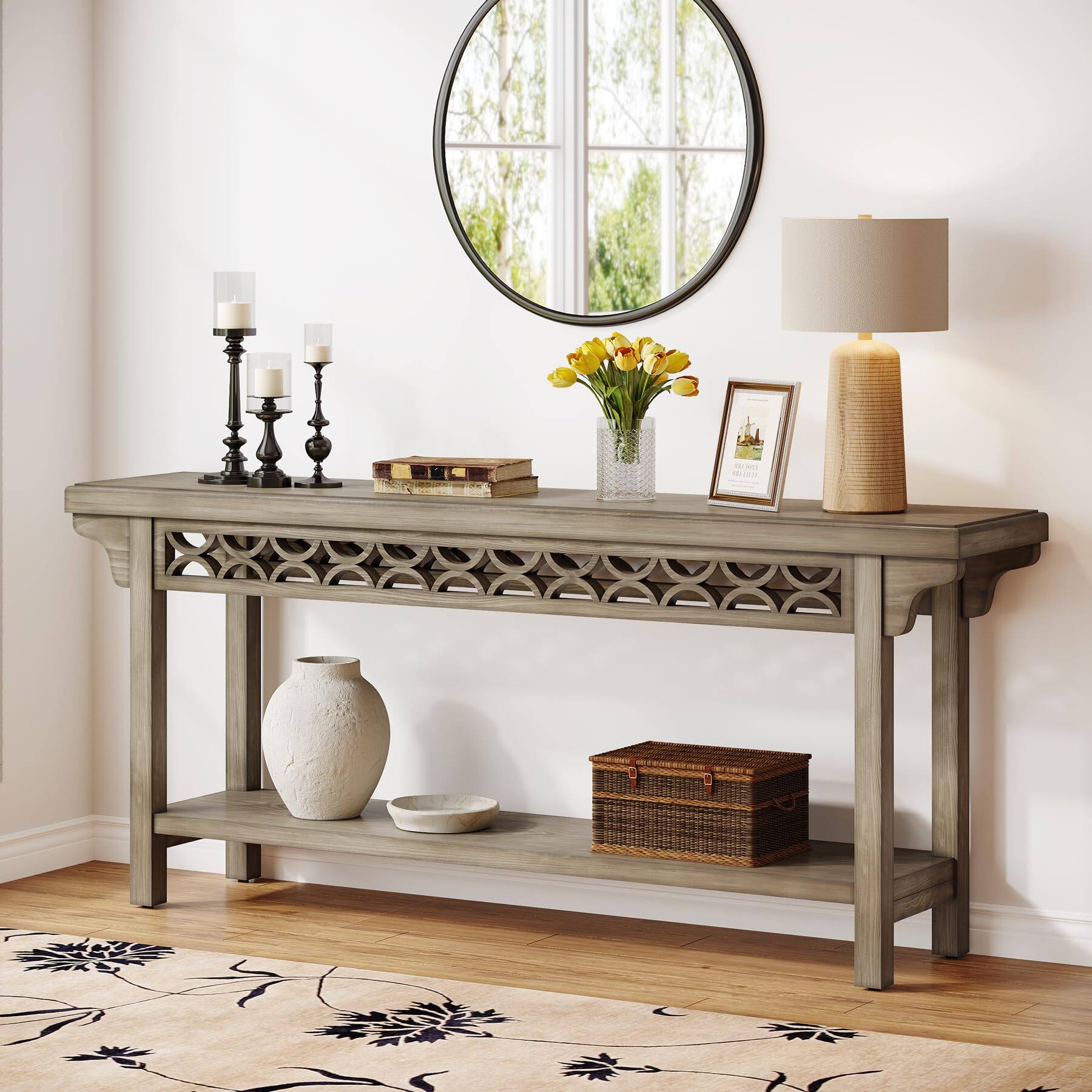 Left. Tribesigns - 70.8-Inch Solid Wood Long Console Table, Farmhouse Entryway Table with Storage, Narrow Sofa Table Grey Couch Table for L - Grey.