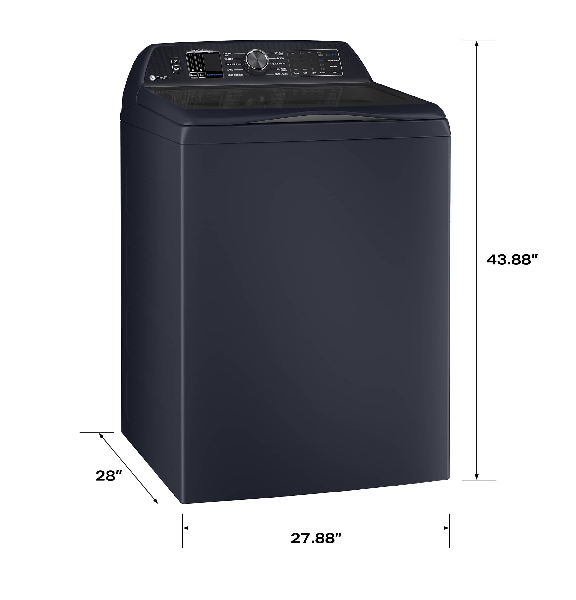The text on the image reads "43.88" 28" 27.88". This is likely a description of the dimensions of the washing machine, with the numbers representing the height, width, and depth respectively.