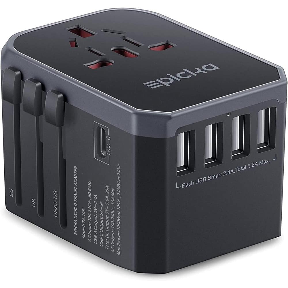 Schertz - Universal Travel Adapter w/ USB-C & 4 USB-A Ports – EU/US/UK/AU, Grey (TA-105) - Gray