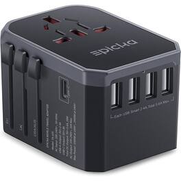 Schertz - Universal Travel Adapter w/ USB-C & 4 USB-A Ports – EU/US/UK/AU, Grey (TA-105) - Gray