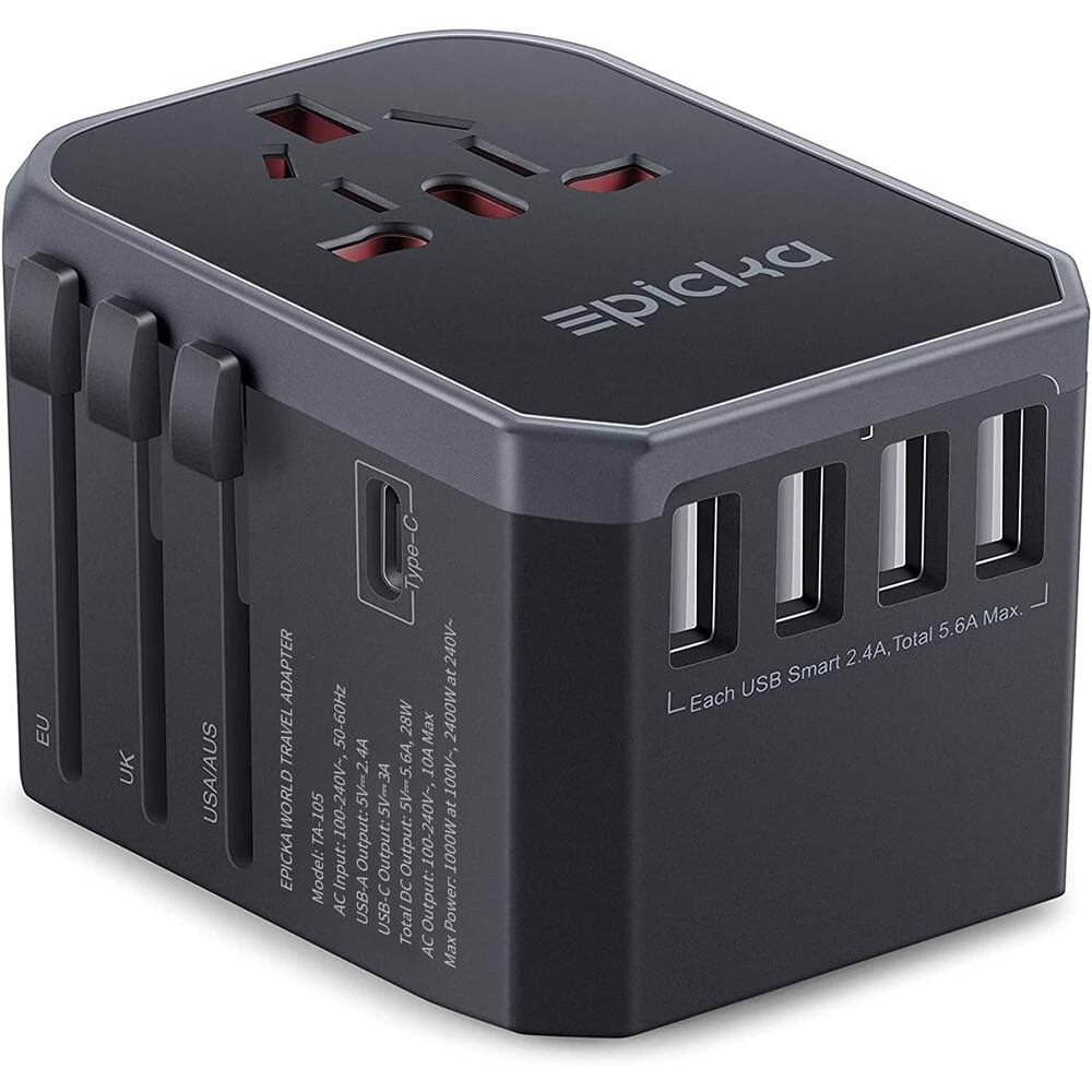 Sure, here is the corrected and grouped text from the image:

---

**EPICKA WORLD TRAVEL ADAPTER**

- **EU UK USA/AUS**
- **Model: EPK105**
- **Input: 100-240V~, 50-60Hz**
- **Output:**
  - **USB-A:** 5V-3A, 5V-5A
  - **USB-C:** 5V-3A, 5V-5A
  - **Total USB Power:** 1000W
  - **AC Output:** 2400W
- **Each USB Smart 2.4A, Total 5.6A Max.**
- **AC Output:** 2400W
- **Max Power:** 1000W
- **Type-C Output:** 5V-3A, 5V-5A
- **USB-A Output:** 5V-3A, 5V-5A
- **Total AC Output:** 2400W
- **Max Power:** 1000W
- **Input:** 100-2