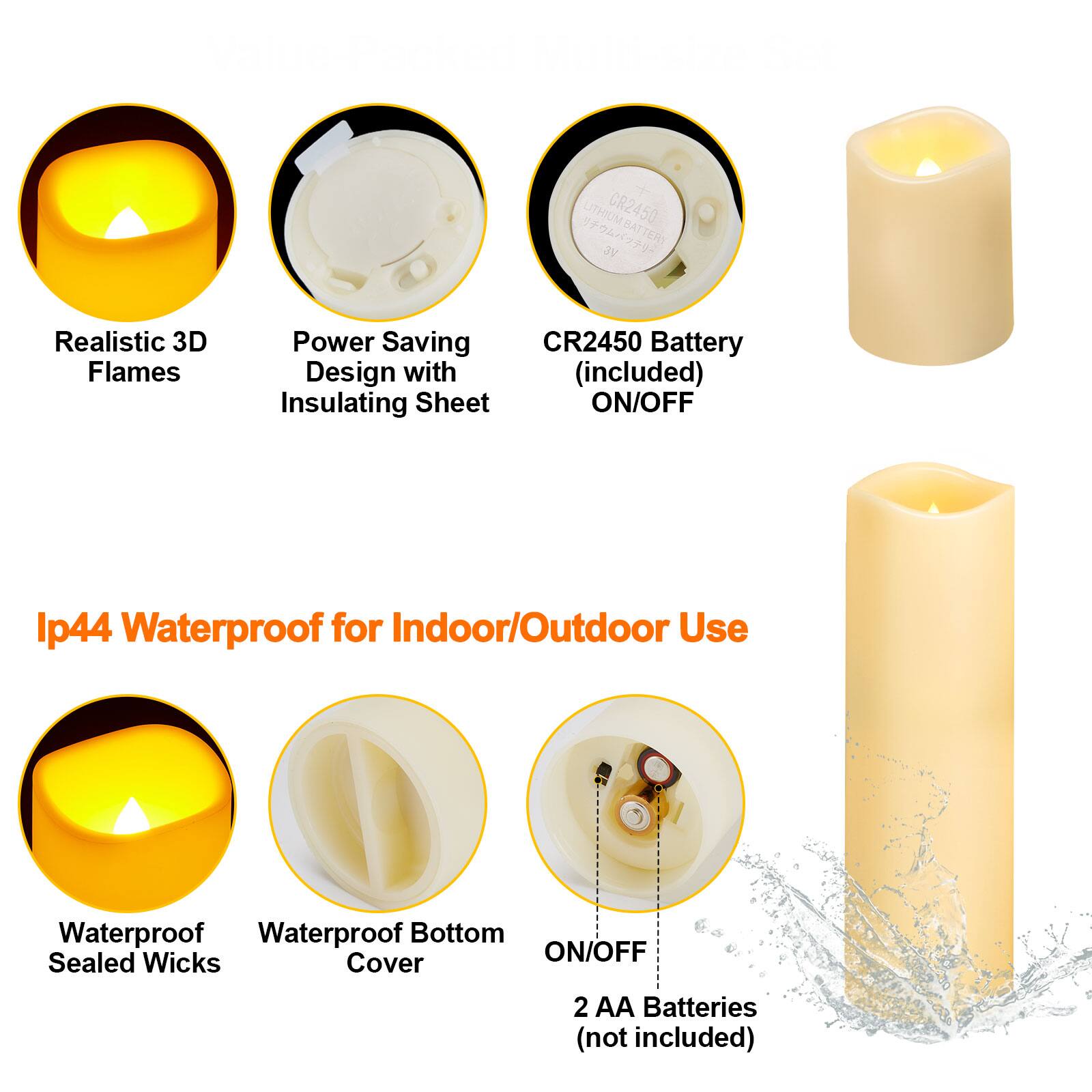 LITHIUM CR2450 BATTERY BAT 3V

Realistic 3D Flames

Power Saving CR2450 Battery Design with (included) Insulating Sheet ON/OFF

Ip44 Waterproof for Indoor/Outdoor Use

Waterproof Waterproof Bottom ON/OFF Sealed Wicks Cover

2 AA Batteries (not included)