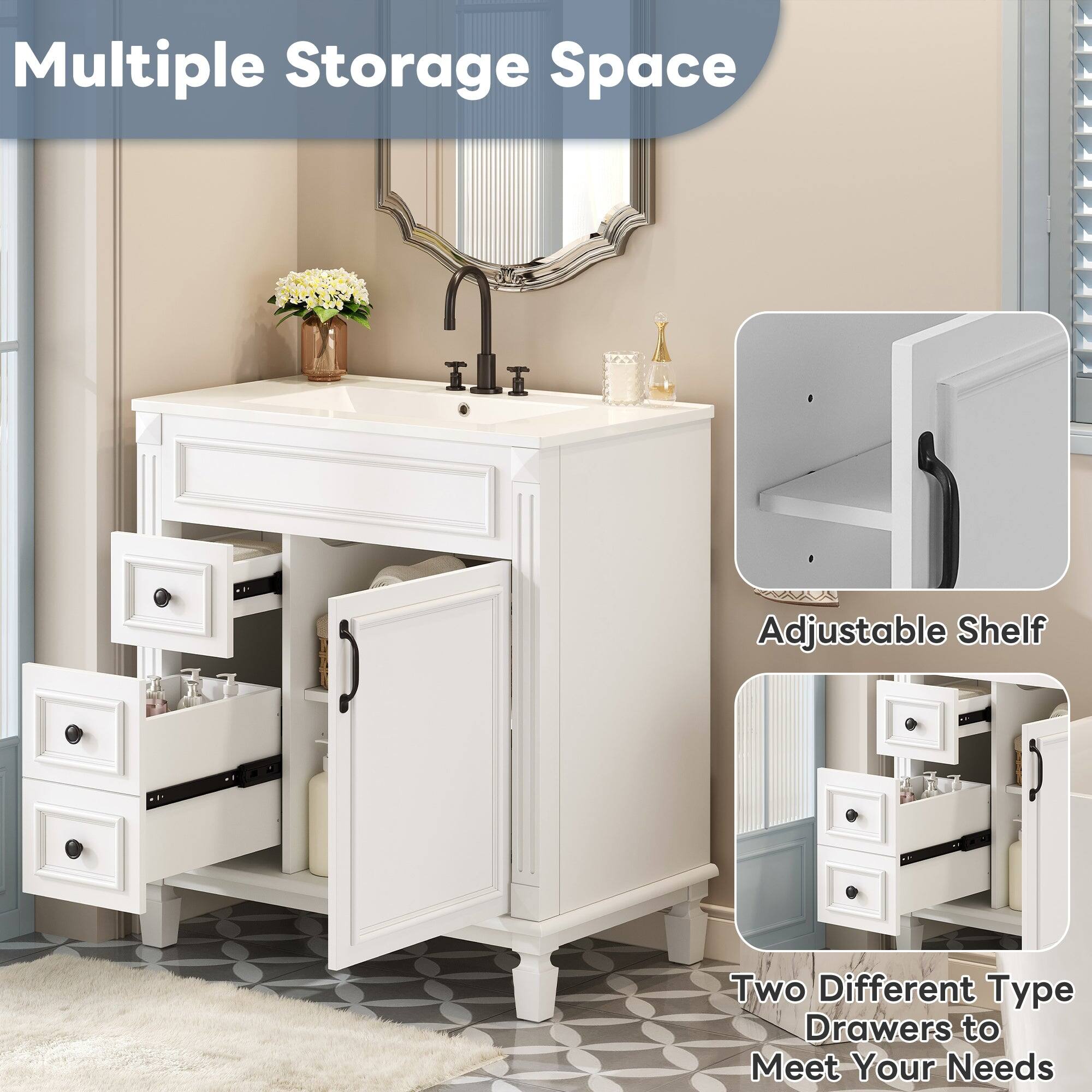 Multiple Storage Space  
Adjustable Shelf  
Two Different Type Drawers to Meet Your Needs