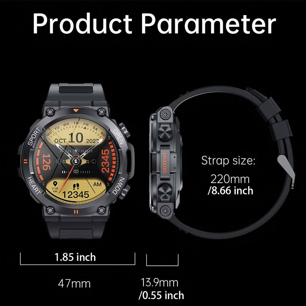 Product Parameter

WE TH FR TU SA SPORT MO 10 SU OPEN OCT 2022  126 2345 HEART AM DOWN 11.20 KM 12345

Strap size: 220mm /8.66 inch

1.85 inch

47mm

13.9mm /0.55 inch
